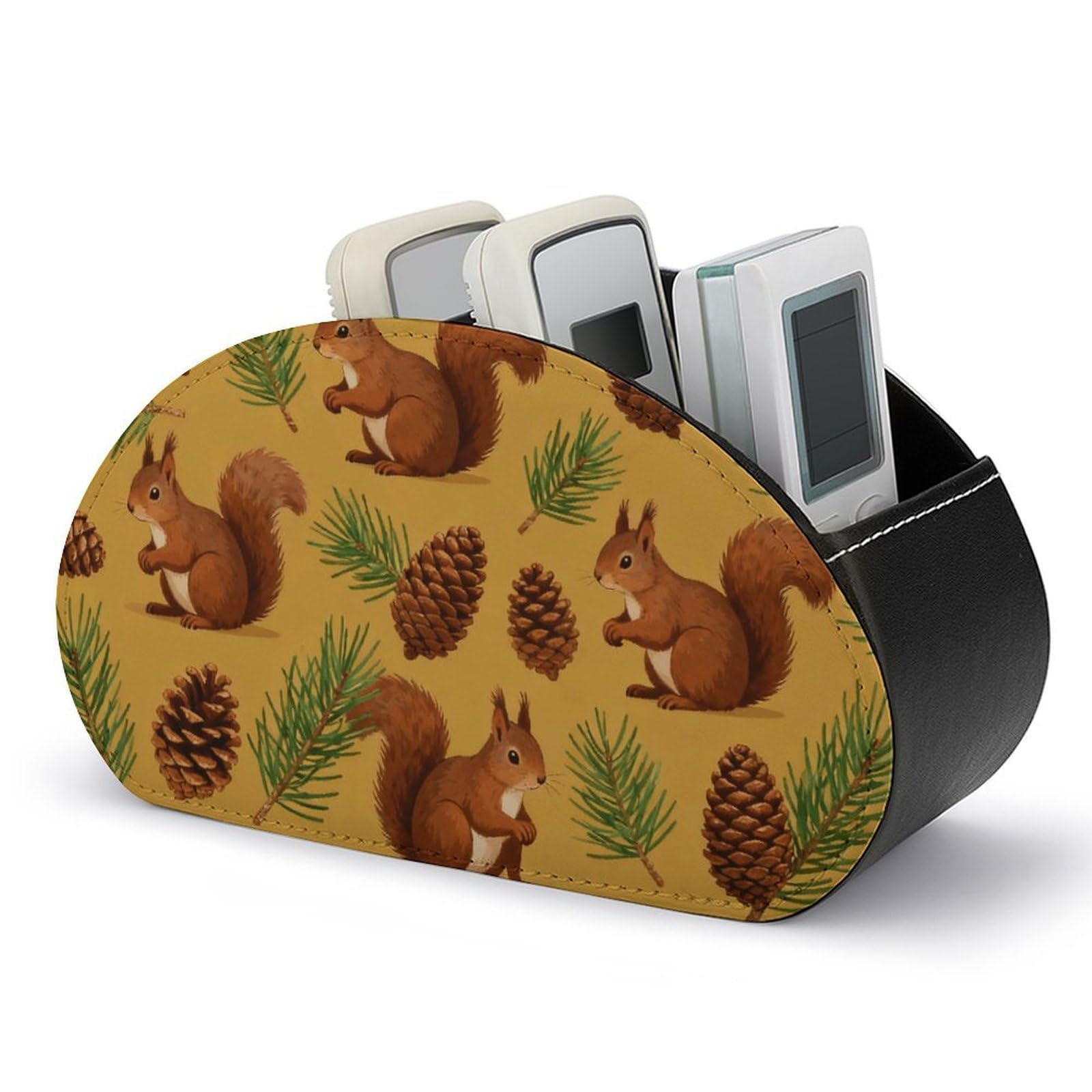DWVTSLH Squirrel Pinecone Remote Control Holder with 5 Compartments - PU Leather TV Remote Holder Remote Caddy Desktop Organizer Makeup Brush Holder, Remote Storage Box for Home Office