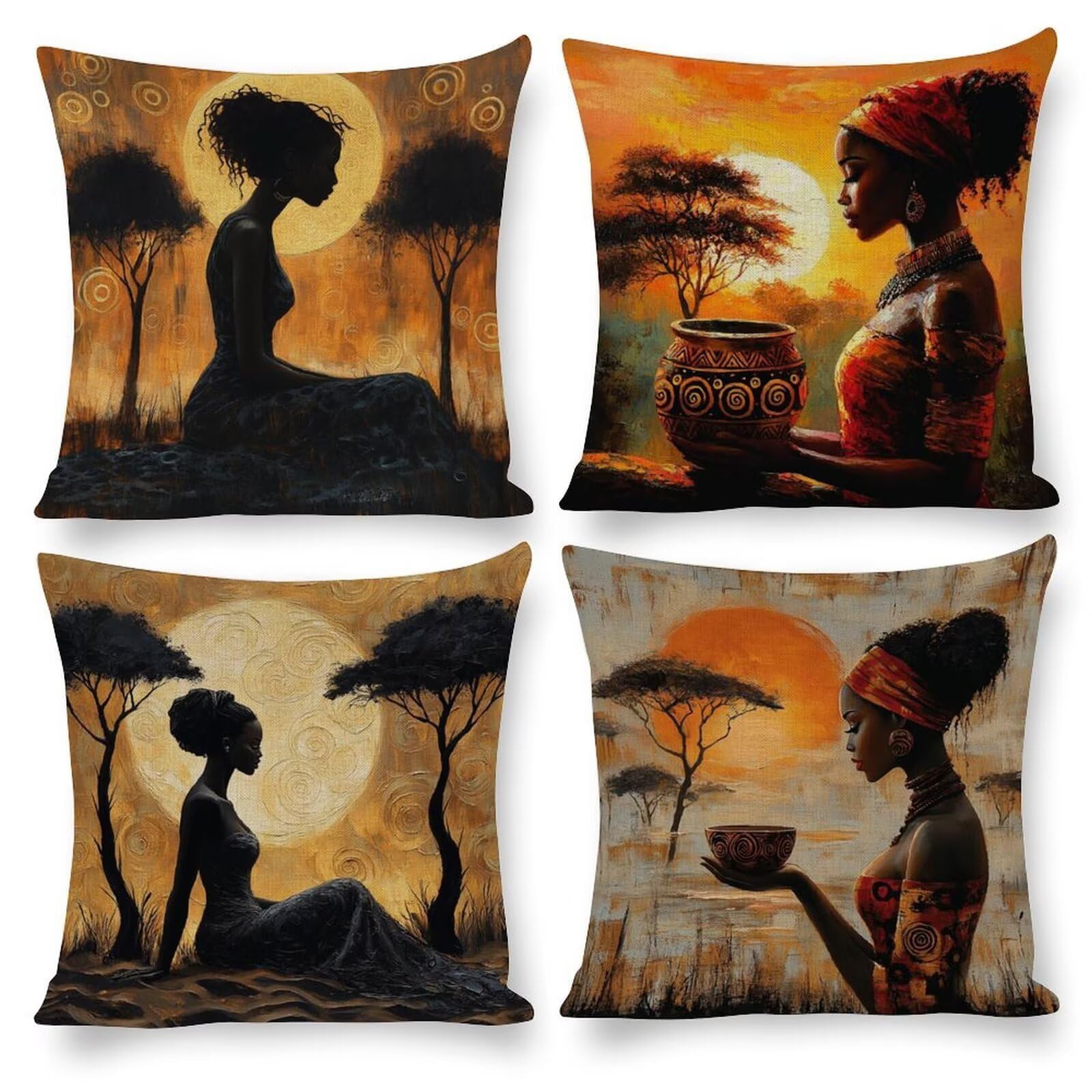 Juego de 4 Fundas de Cojín Lino 70x70 Centímetros - Diseño Mujer Africana con Cremallera, Lavable a Máquina & Anti-Arrugas - Fundas Sofá Cama Cuadradas para Salón Dormitorio Decoración Hogar Q3254