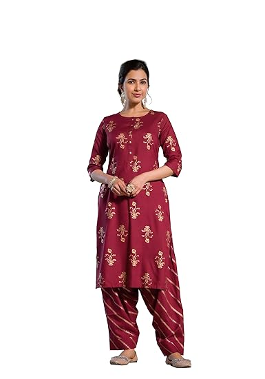 Women's Straight Fit Rayon Foil Laheriya Printed Kurta Set with Patiyala Pant