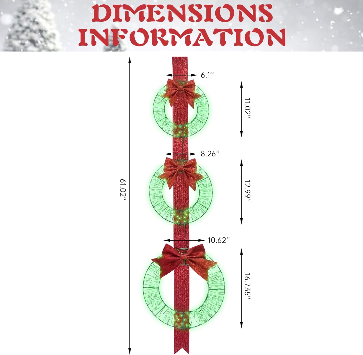 Hmlinktt 3-Piece Outdoor Lighted Christmas Wreath, 61"L Christmas Wreaths with 3 Red Bow & 300 LED Lights, Christmas Wreaths for Front Door with Hook, Wreath Decorations for Home Yard, Green, Set of 2