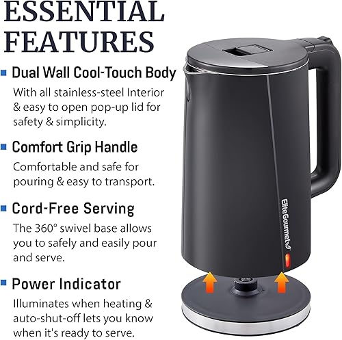 Miniatura 3 de Elite Gourmet Hervidor eléctrico Cool-Touch de 1500 W de 1.7L, tapa de acero inoxidable e interior sin BPA, doble pared, apagado automático, color