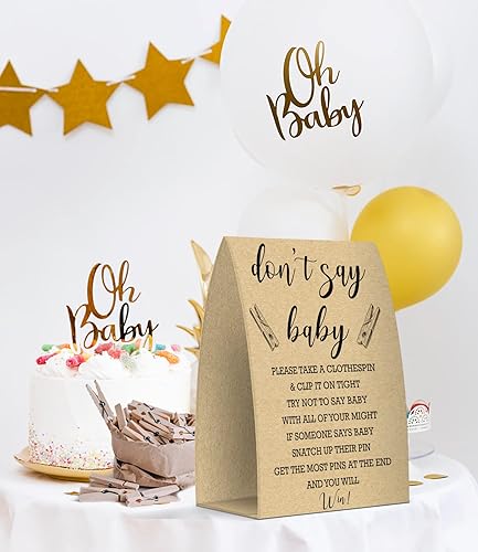 Miniatura 4 de Letrero de papel kraft de Don't Say Baby Shower, decoración de baby shower, baby shower neutro, un letrero de 5 x 7 y 50 mini pinzas para la ropa,