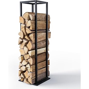VOUNOT Firewood Rack Metal 33 x 33 x 112 cm Firewood Rack with Shelf Firewood Rack for Indoor and Outdoor Use Stable and Space-Saving Black