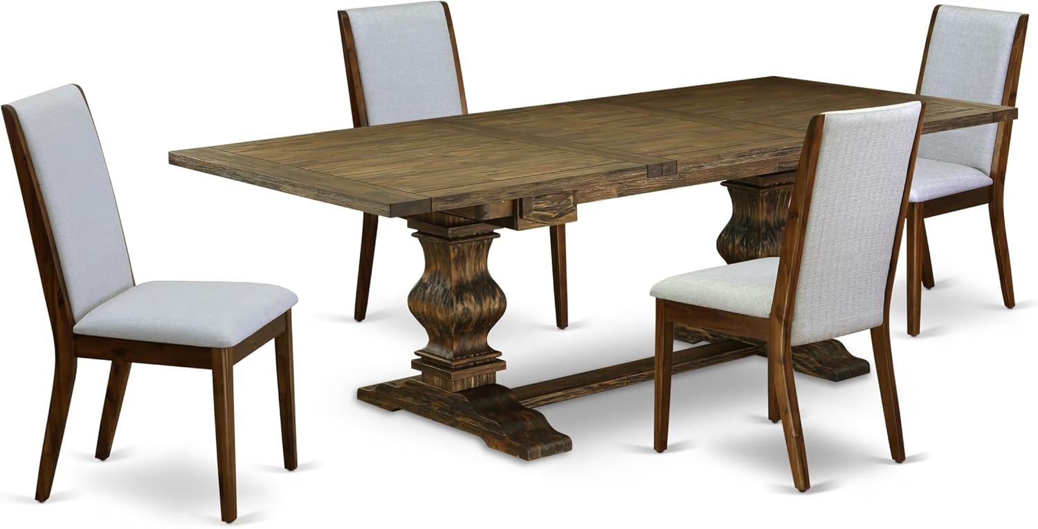 East West Furniture LALA5-78-05 5 Piece Dining Room Table Set Includes a Rectangle Kitchen Table with Removable Leaf and 4 Grey Linen Fabric Parsons Dining Chairs, 42x92 Inch, Jacobean