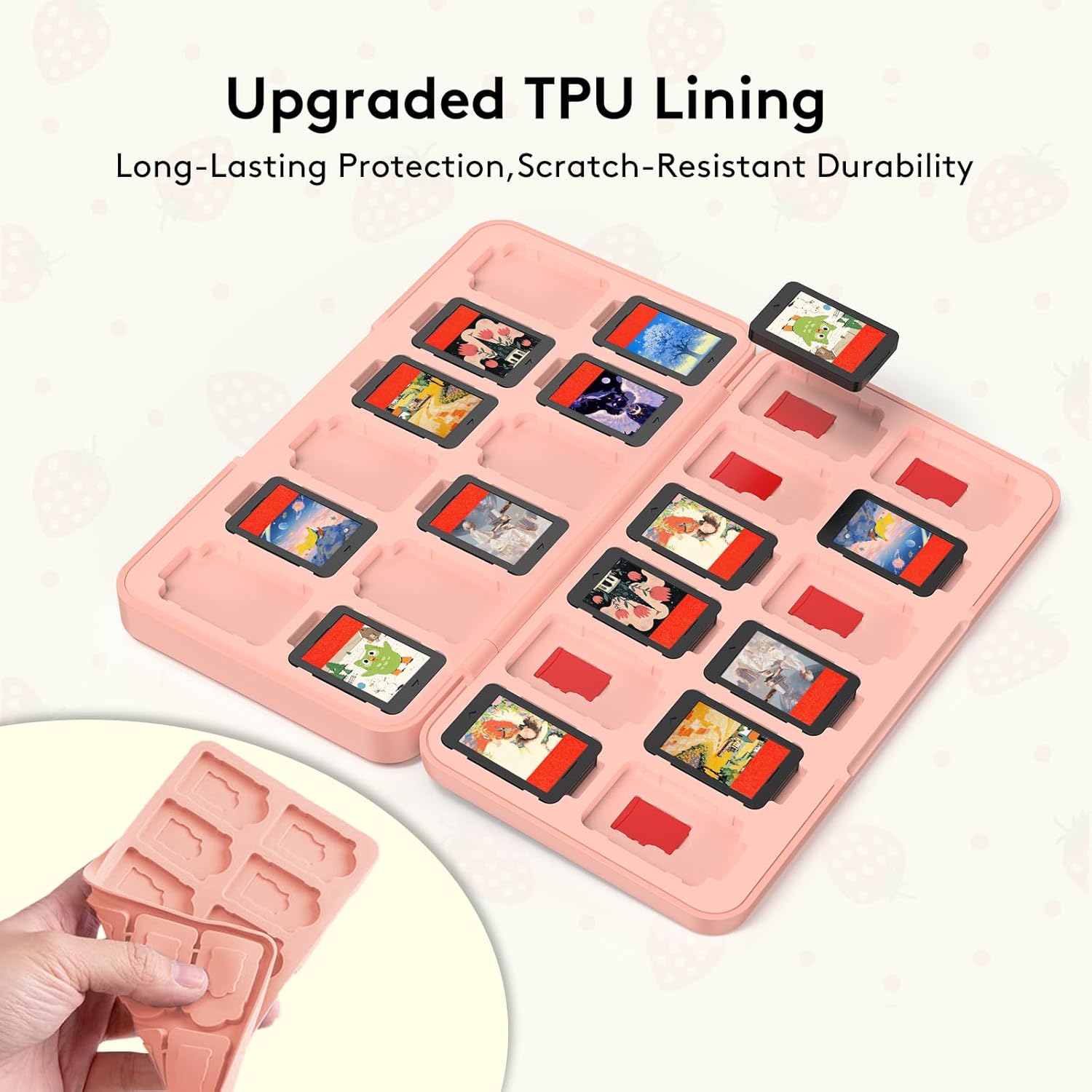 JEMDO 48 Game Card Case Compatible with Nintendo Switch 2/2017/OLED,Cute Strawberry Protective Holder for 24 micro SD Cards,Hard Shell Portable Storage Box,TPU Soft Liner Cartridge Organizer, Pink - Image 6
