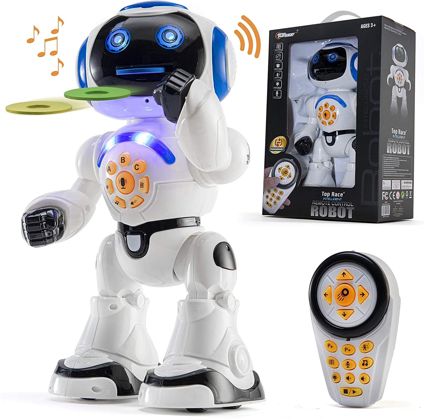 Top Race Remote Control Robot Toy - Interactive, Smart, Walking, Talking and Dancing Robot that Sings, Reads Stories, Math Quiz, Shoots Discs and Mimicking Voice