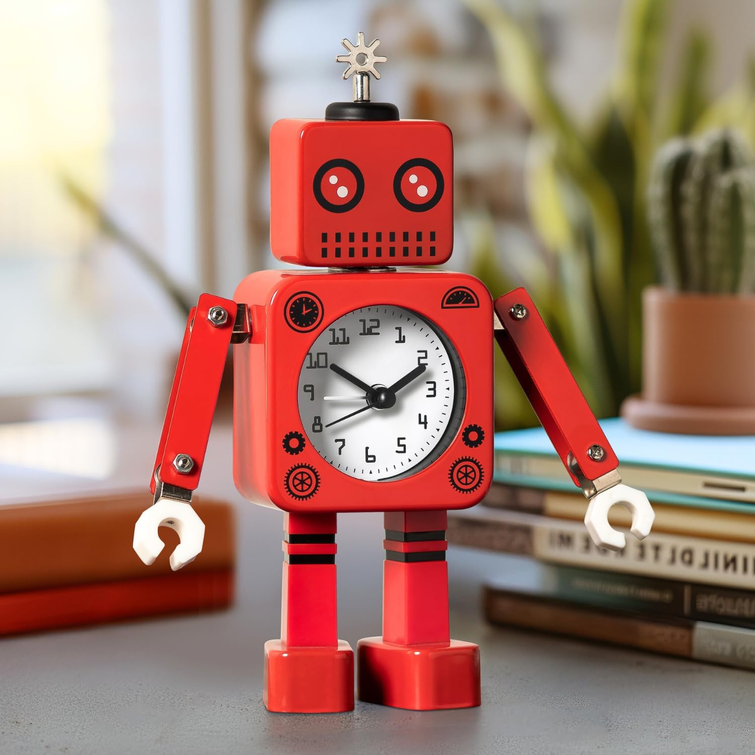Torre & Tagus 8" Retro Robot Alarm Clock – Red Steel Metal Table Clock with Poseable Arms, Glass Lens, and Glossy Finish, Vintage-Inspired Decor and Novelty Timepiece for Home or Office