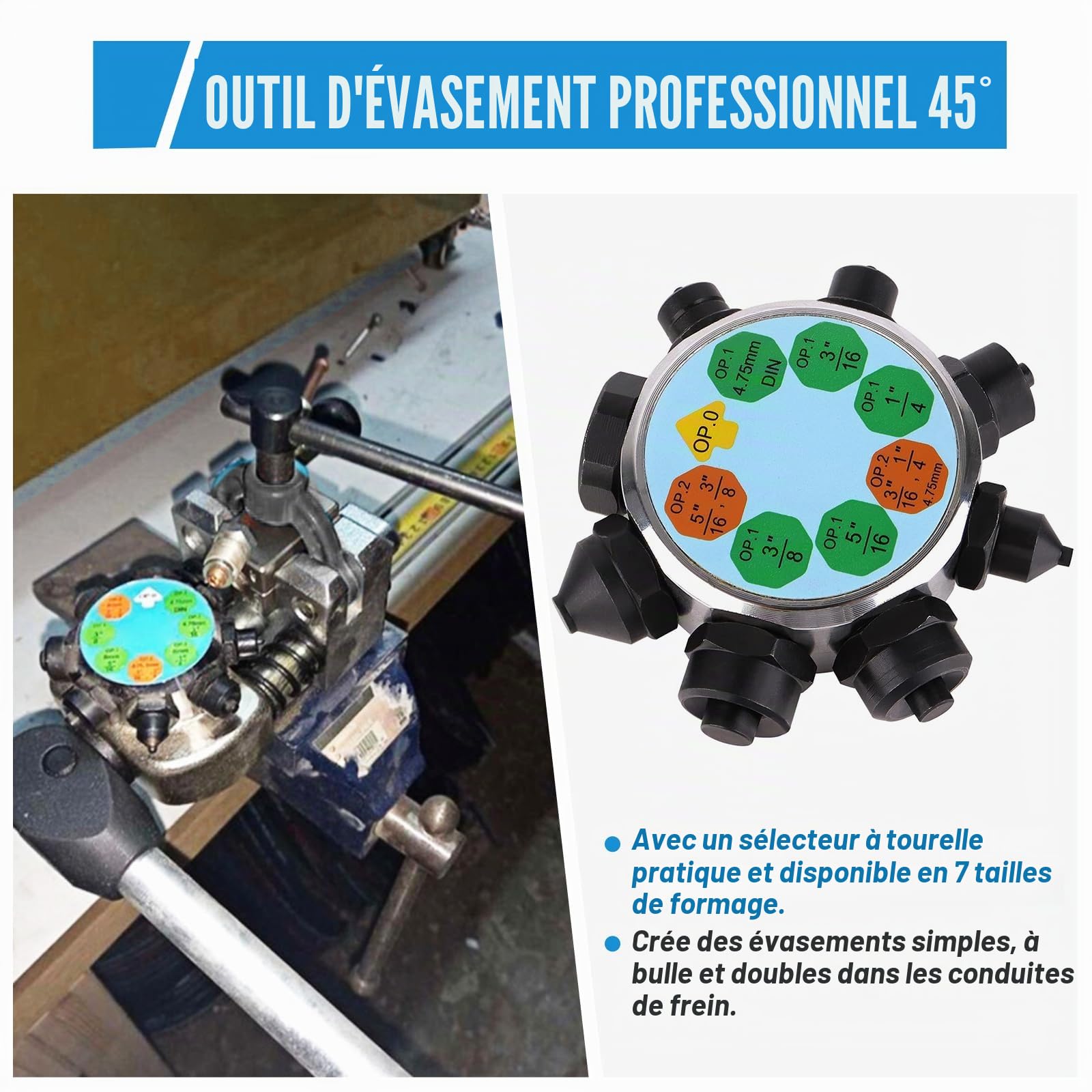 Évaseur pour conduites de frein, conduite de frein à 45 °, outil d'évasement pour évasement simple, à bulles et double (diamètre 4,75 mm/6,35 mm/8 mm/9,5 mm) bleu