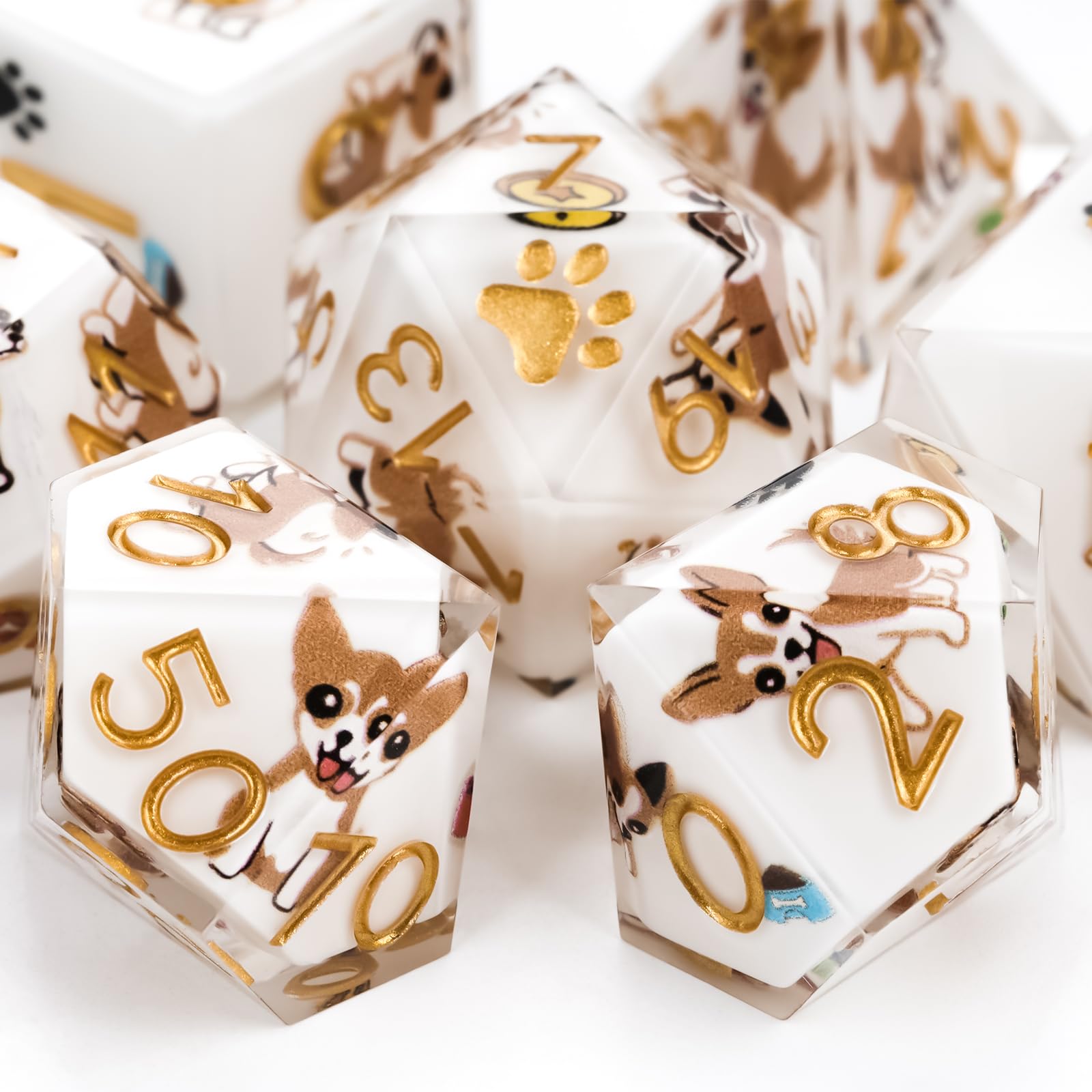 GU BEI TE Chihuahua 7Pcs DND Dice Set,Sharp Edge Dog Resin Dice for RPG MTG