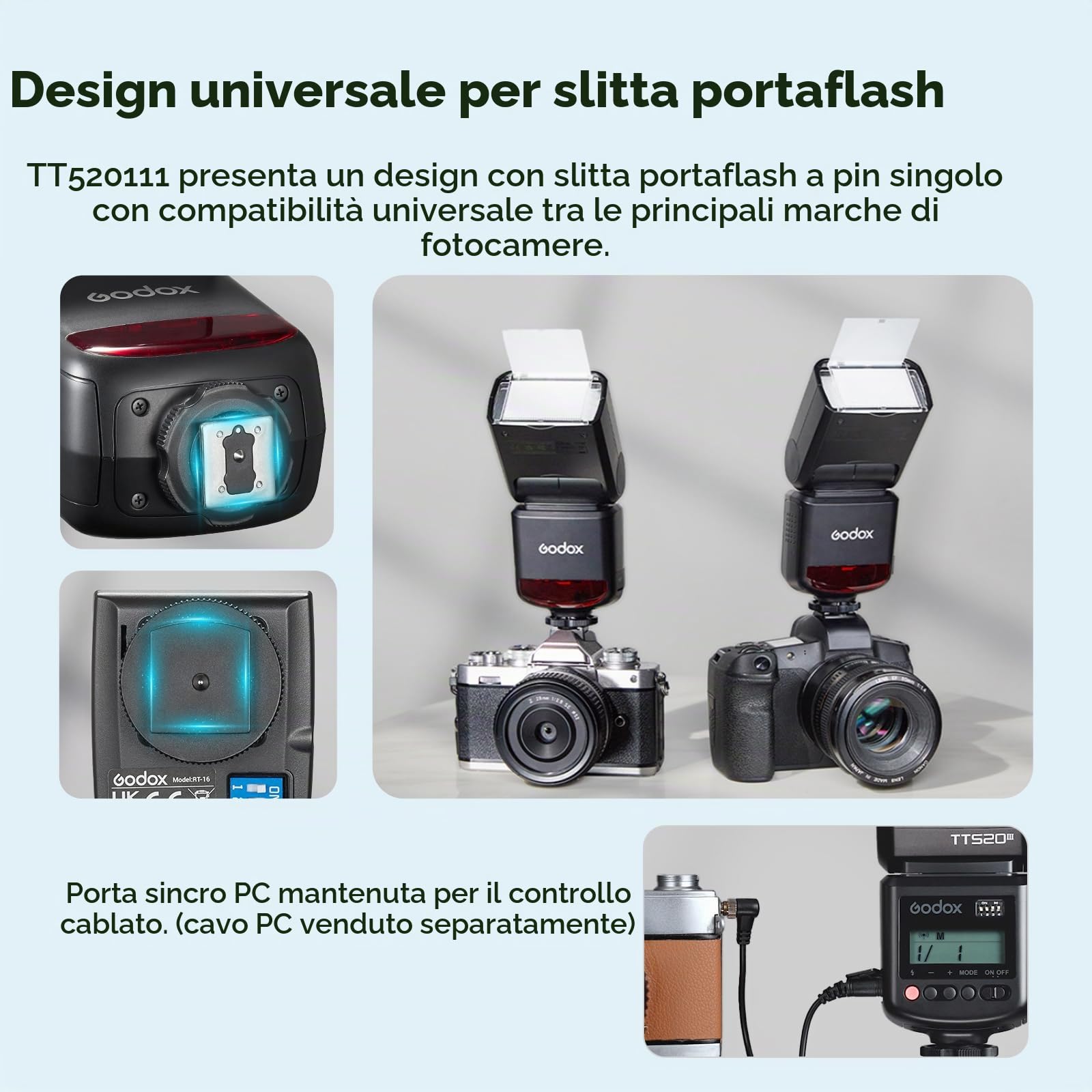 Godox TT520III Camera Flash Speedlite con Trasmettitore RT, 433MHz Triggering Wireless, 1.8s Tempo di Riciclo, GN33 On-Camera Speedlight per Canon Sony Nikon Fujifilm Olympus Fotocamera | Triggering Wireless 433MHz, 1,8s Tempo di Riciclo, GN33, con Trasme