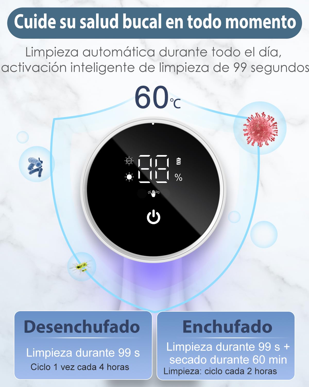 Desinfectante para Cepillos de Dientes, Soporte para Cepillo de Dientes Eléctrico con Función de Secado, Temporizador, Pantalla LED, Recargable, Soporte para Cepillo Eléctrico, Viajes