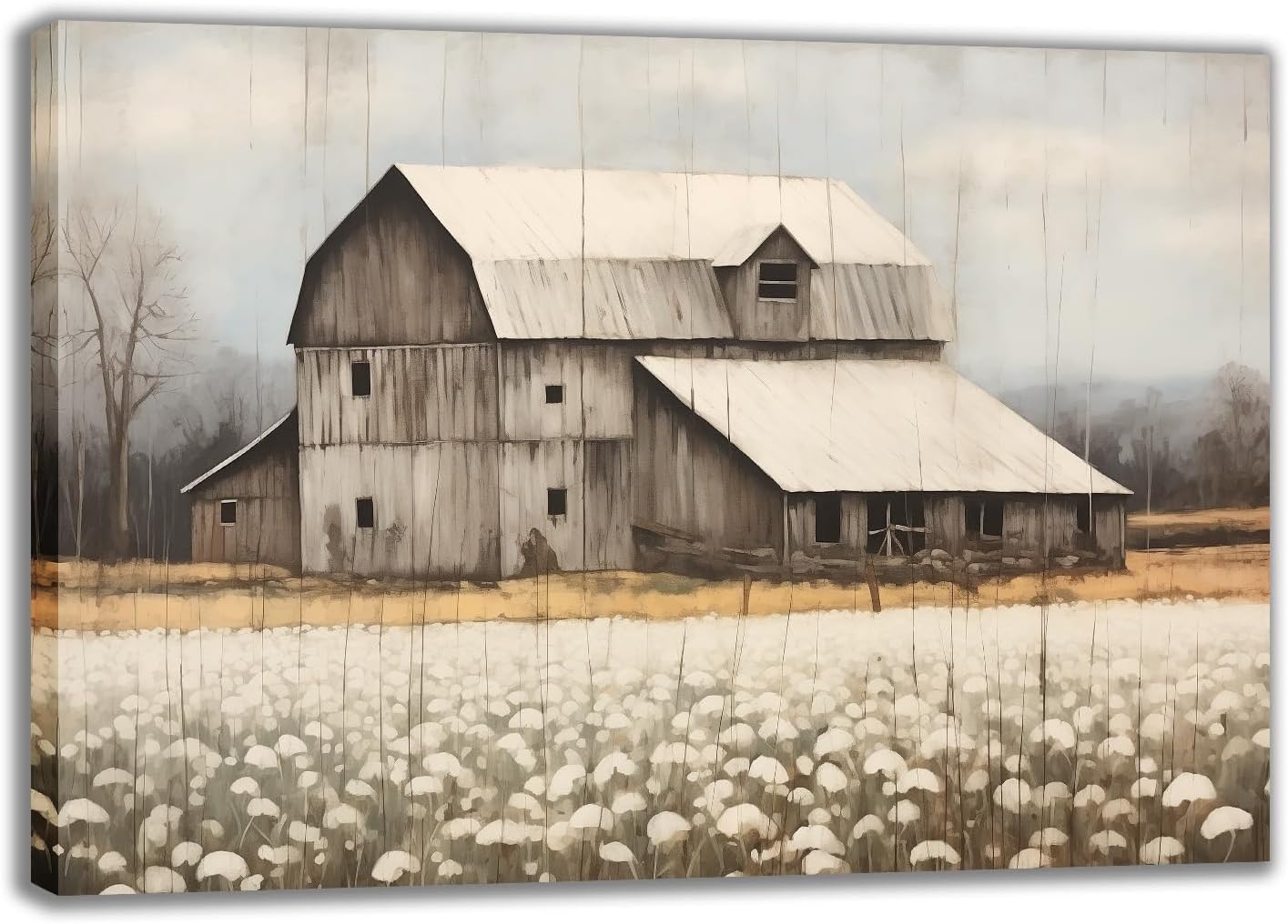 Vintage Farmhouse Canvas Wall Art, Old Barn and Wild Flowers on Wood Poster Print Rustic Landscape Painting Picture for Living Room Bedroom Decor(Artwork-01, 18"x12")