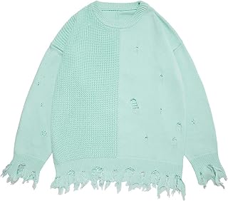 ARESU Hip-hop Pullover Knitted Sweater Men's Ripped Punk Oversized Sweater Retro Casual Ripped Loose Sweater Autumn Unisex Street wear-Light Green-L