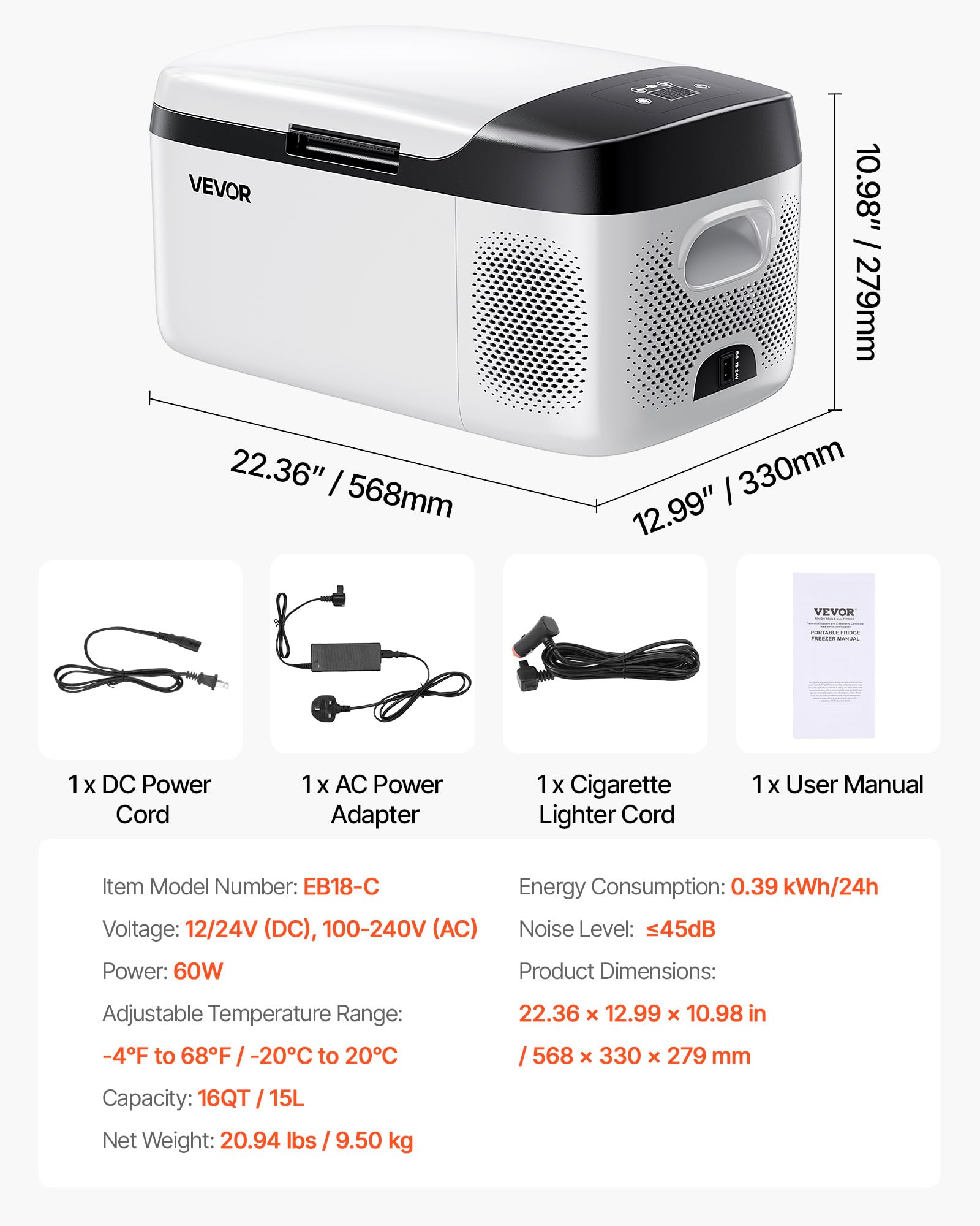 VEVOR Frigorifero Elettrico Portatile 15 L, Mini Compressore 12 V 24 V, Freddo e Caldo, Controllo App, per Camper Camion Barca