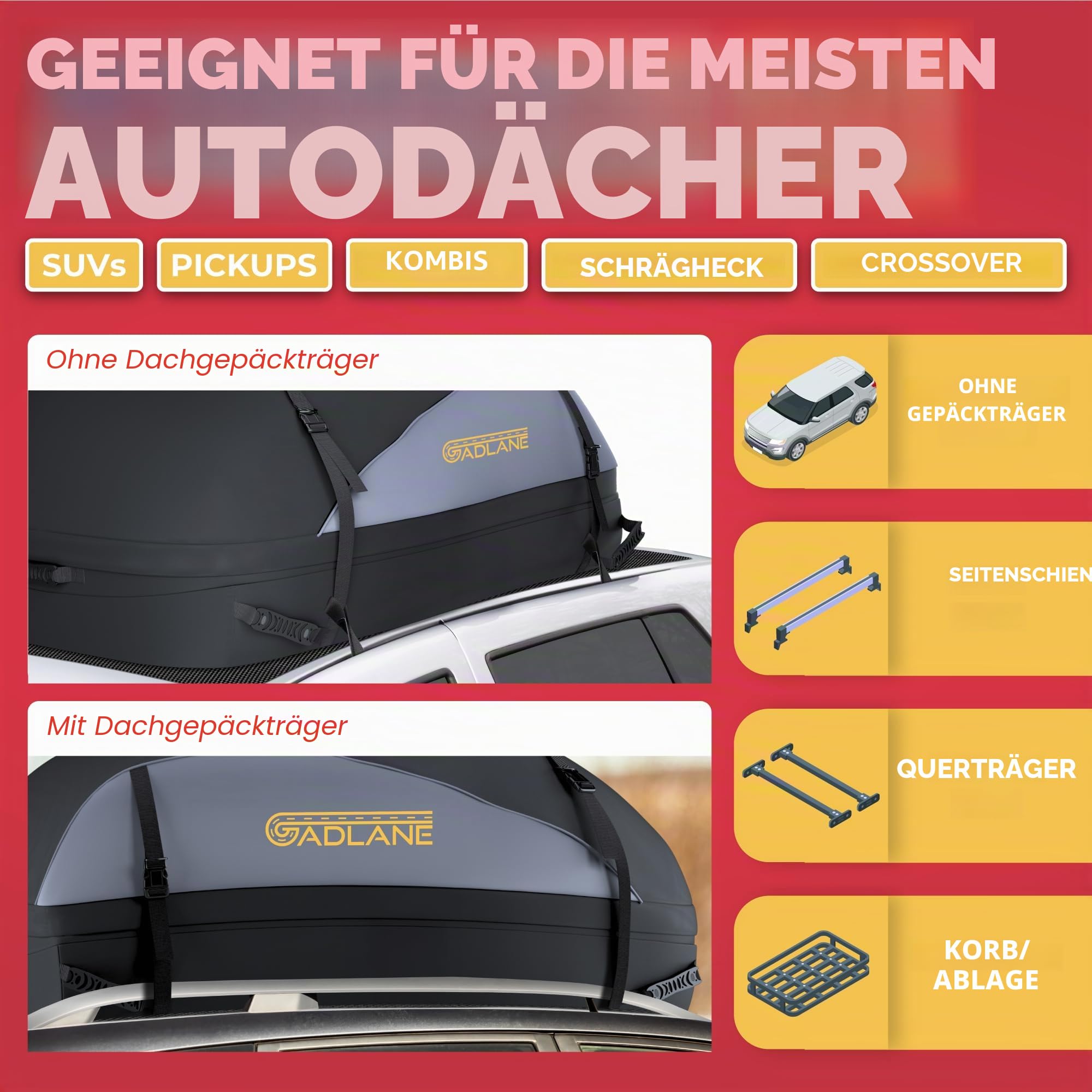 GADLANE Auto Dachtasche 400L Wasserdicht Dachbox für Autos & SUV mit oder ohne Dachträger mit 4 stabilen Gurten Anti-Rutsch-Matte Aufbewahrungstasche (Grau/Schwarz)