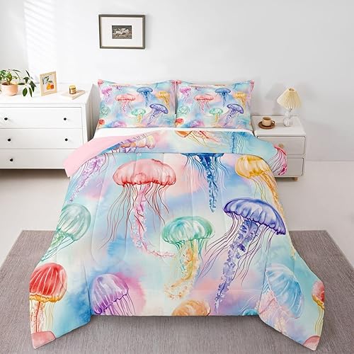 Erosebridal Juego de edredón de medusas, tamaño matrimonial, juego de ropa de cama náutica costera del océano, animales marinos, vida marina,