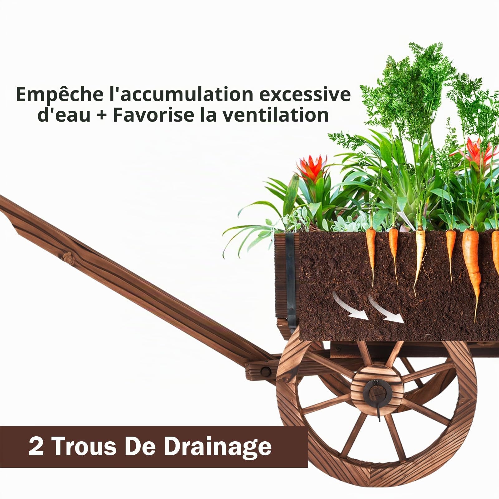 HOMASIS Brouette à Fleur en Bois avec Poignée Réglable et 4 Roues, Chariot à Fleurs avec Trous de Drainage, Jardinière Décorative de Plantes pour Jardin, Balcon, Terrasse, 75x43x53,5cm, Marron
