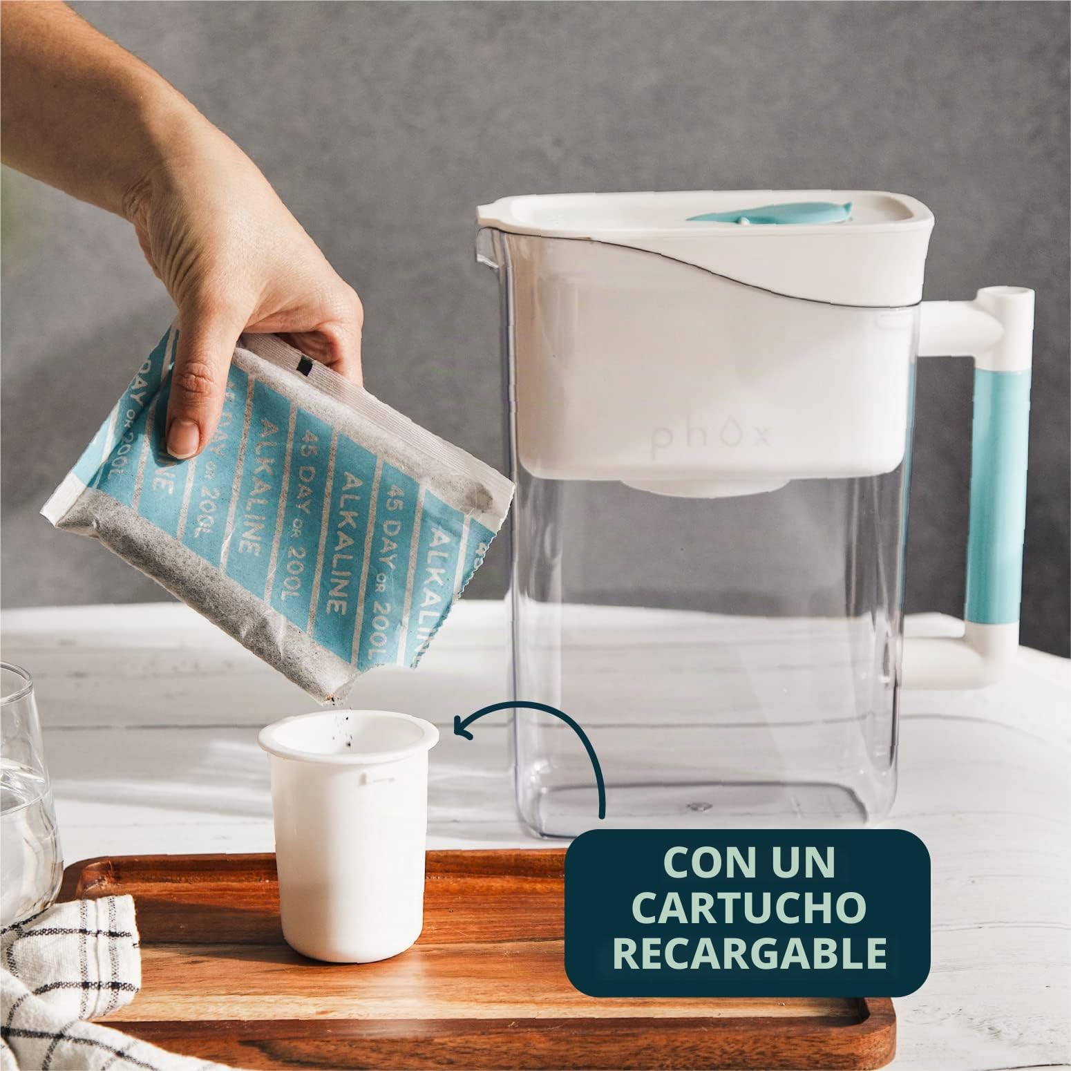 Phox Wave - Jarra de filtro de agua de 2,8 L y cartucho recargable (limpio), azul, blanco | Suministro para 3 meses