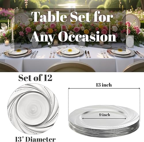 Miniatura 2 de ZENFUN Paquete de 12 platos de carga de plástico plateados, cargadores redondos de 13 pulgadas, cargadores decorativos para cena, platos de servicio