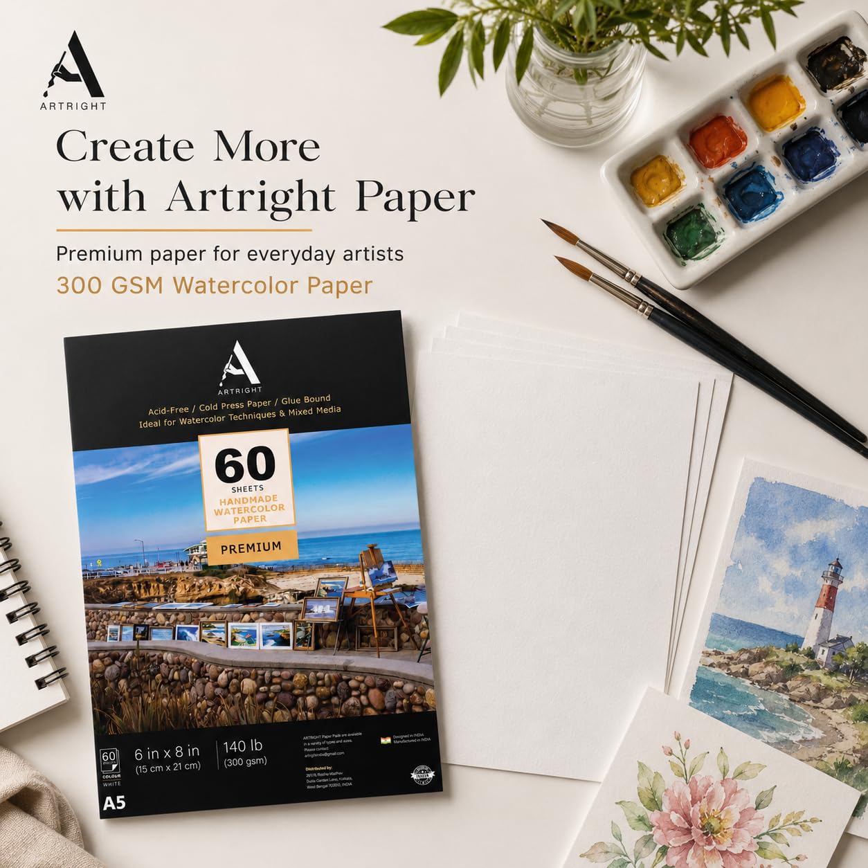 ArtRight Artists Watercolor Paper (A5 Pack of 60 Sheets, 300 GSM); Handmade Watercolour Paper for Artists 4