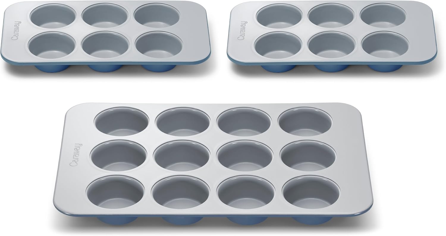 Caraway Nonstick Ceramic Muffin Pan Set - 2x 6 Cup & 1x 12 Cup – Non-Toxic, PTFE & PFOA Free – Aluminized Steel Core – For Baking Cupcakes, Muffins & More - Slate