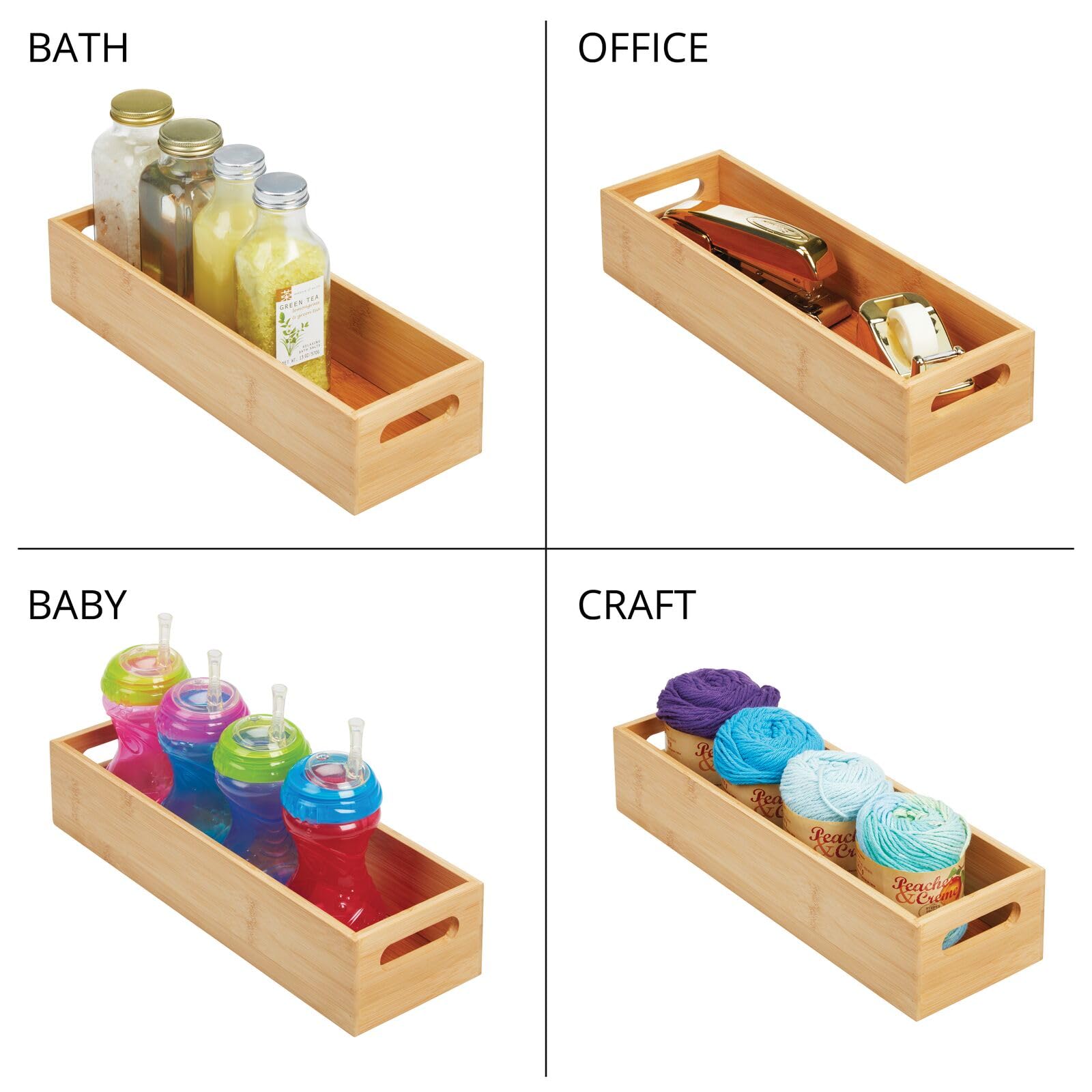 mDesign Juego de 2 cajas de almacenamiento con asas, práctica caja de madera para almacenamiento de alimentos, especias, nueces o botellas, bandeja de bambú abierta para cocina, color bambú