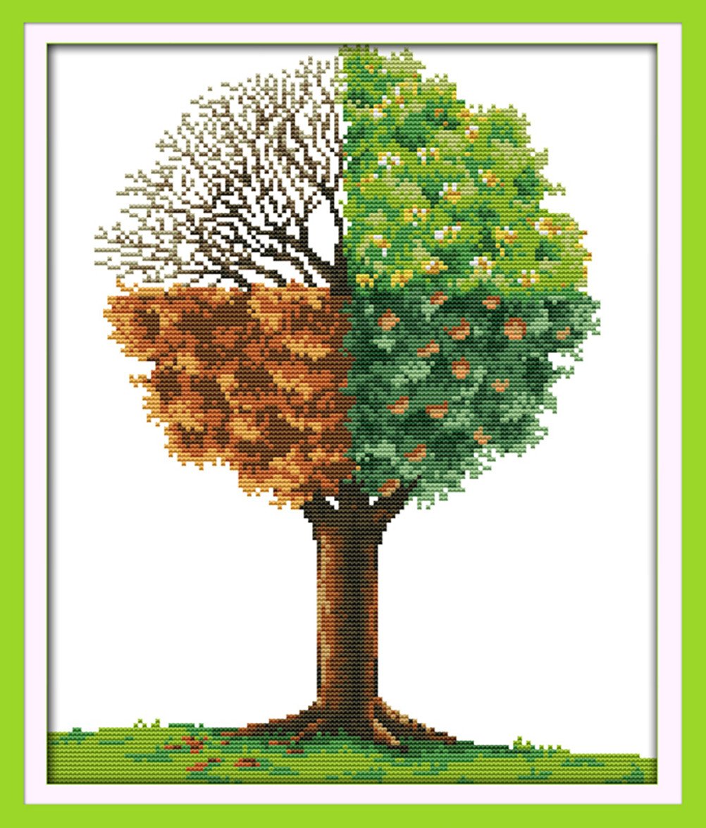 YEESAM ART Kreuzstich Kit „Winter Tree House“ – Gestempelt Oder Weiß, Inkl. Garn, Nadel & Anleitung