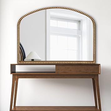 BAODANFU Vanity Mirror for Bedroom, 35 x 28 Large Arch Vintage Gold Wall Mirror, Beaded Frame Decorative Accent Mirrors for Washroom, Living Room, Entryway, Bathroom, Fireplace