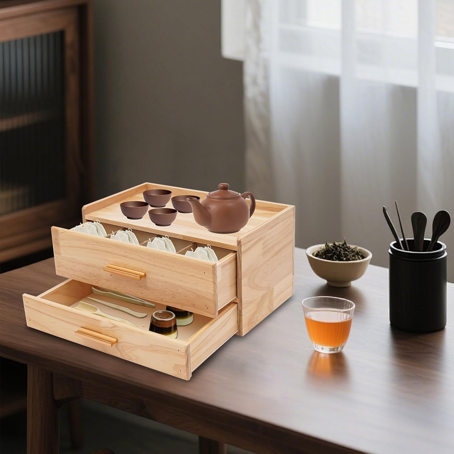 Solid Wood Tea Bag Organizer,2-Tier Tea Organizers and Storage Box with 8 Compartments,Tea Caddy for Tea Bags Storage Drawer,Tea Station Chest Display Wooden-13"L×7.9"W×6.9"H (Log color)