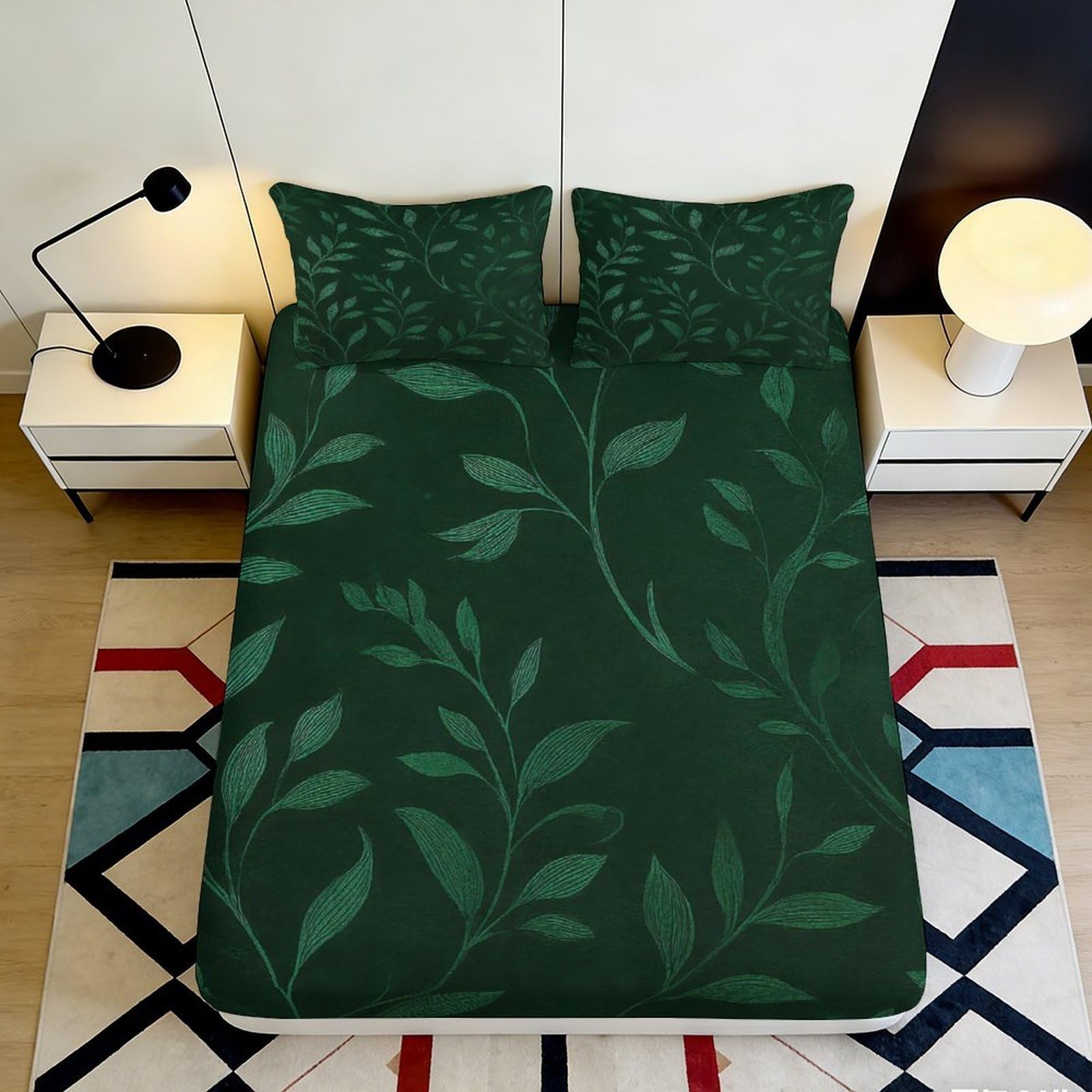 3D Printed Botanical Leaf Fitted Sheet Microfiber Soft Breathable Green Plant Mattress Cover for Bedroom Guest Room Decor 90x200x25cm