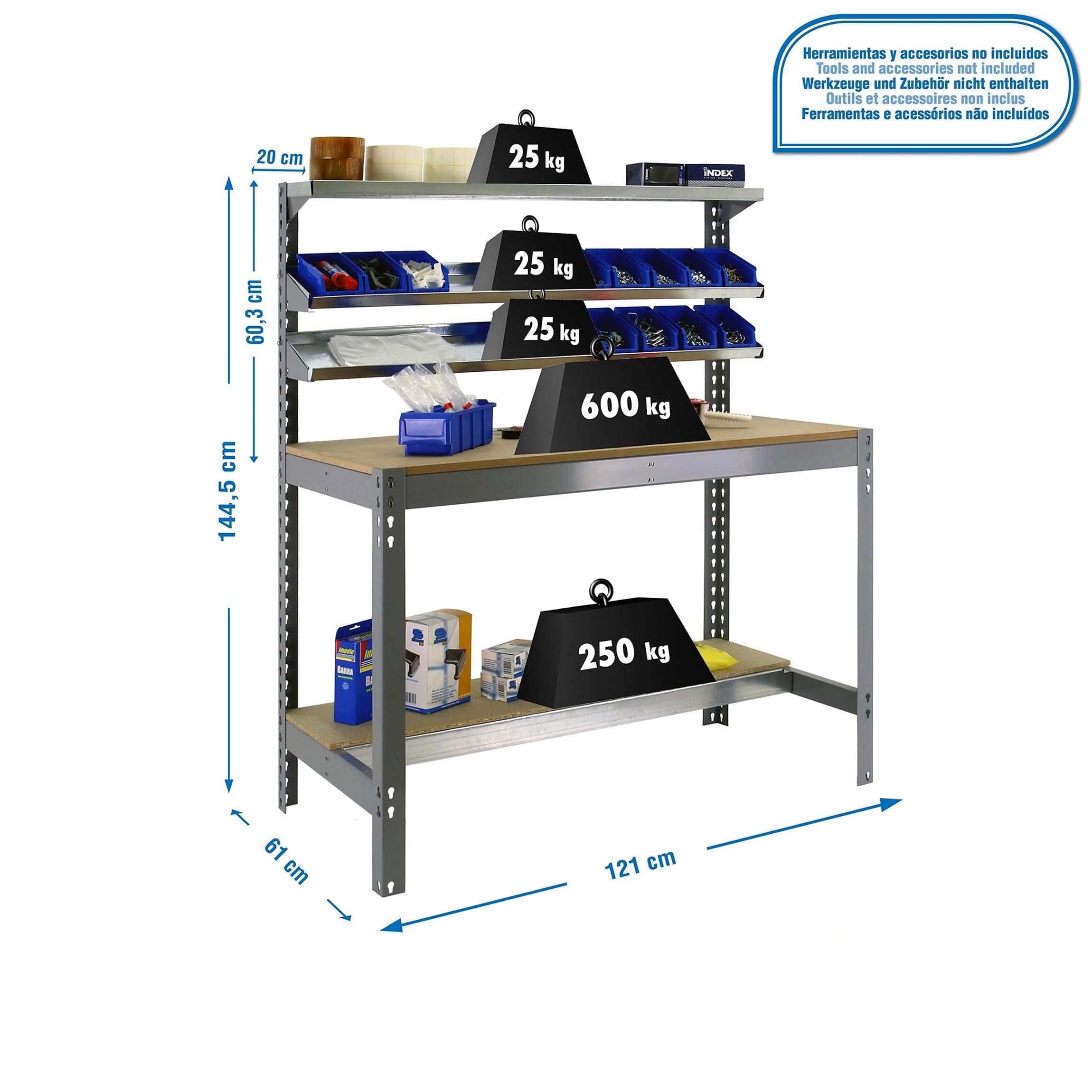 Simon Rack Banco de Trabajo con 3 repisas 1210x610 mm - BT1 | Capacidad Carga 600 kg, Pintura anticorrosión, Gris , Montaje sistema clic