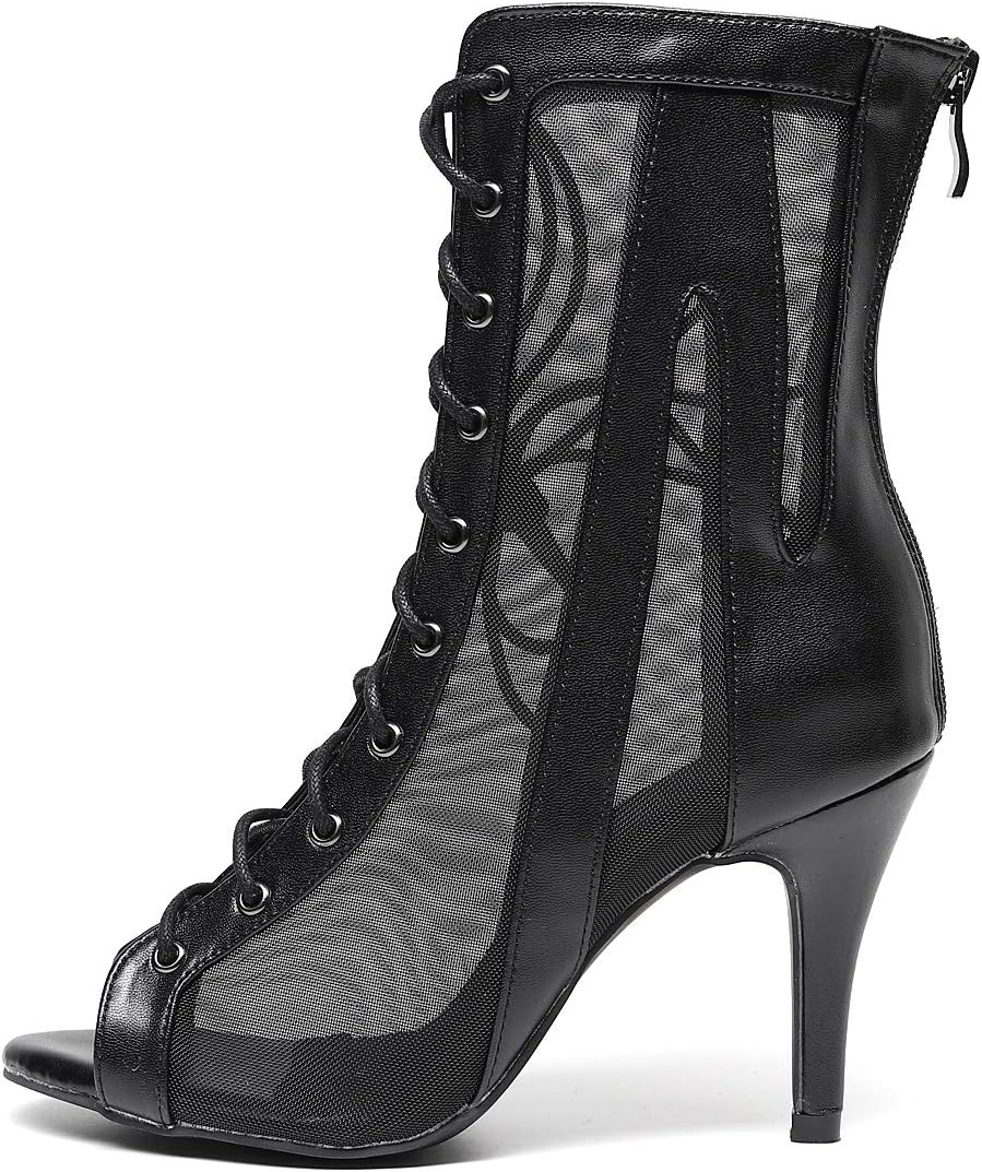 Goettin open toe dance boots sexy black microfiber net 8.5cm high heel dance shoes women (8)