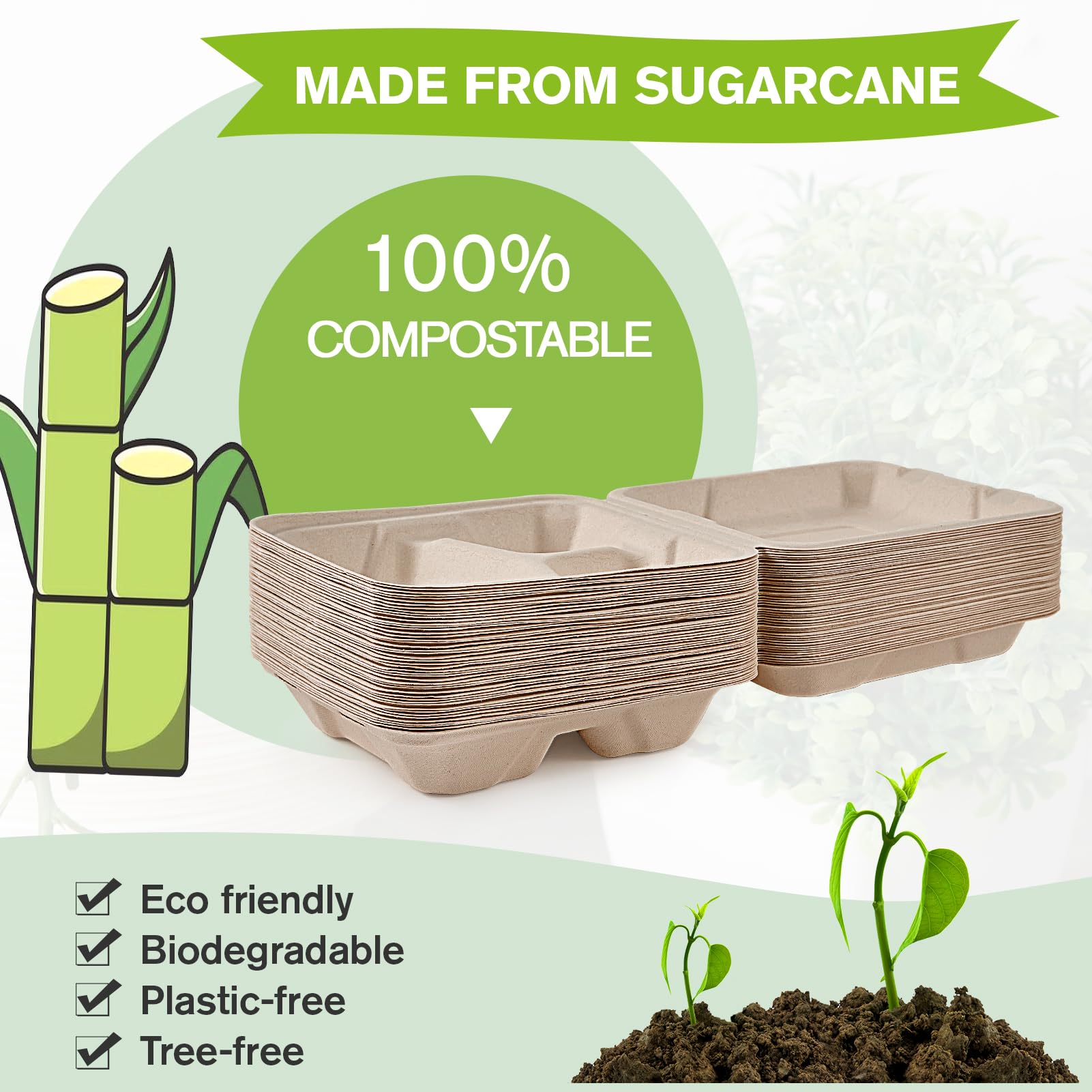 ECOLipak 300 Stück Clamshell To Go Behälter, 100 % kompostierbare Einweg-Lebensmittelbehälter, 20,3 x 20,3 cm, 3 Fächer, robuste To Go Boxen