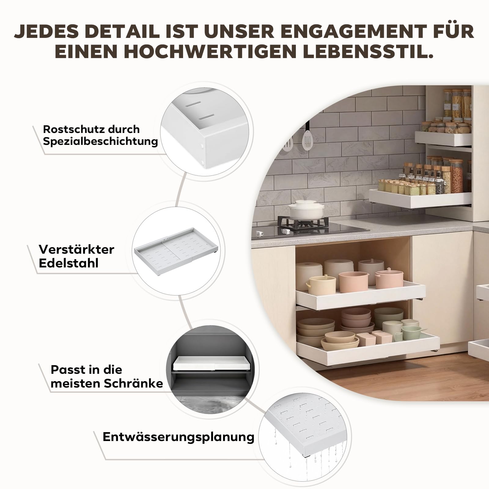 2 Stück Ausziehbarer Schrankorganisator Weiß – Verstellbare Breite 32-53 cm, 42 cm Tiefe – Erweiterbarer Schubladeneinsatz mit Klebefläche, Küchenorganizer ohne Bohren