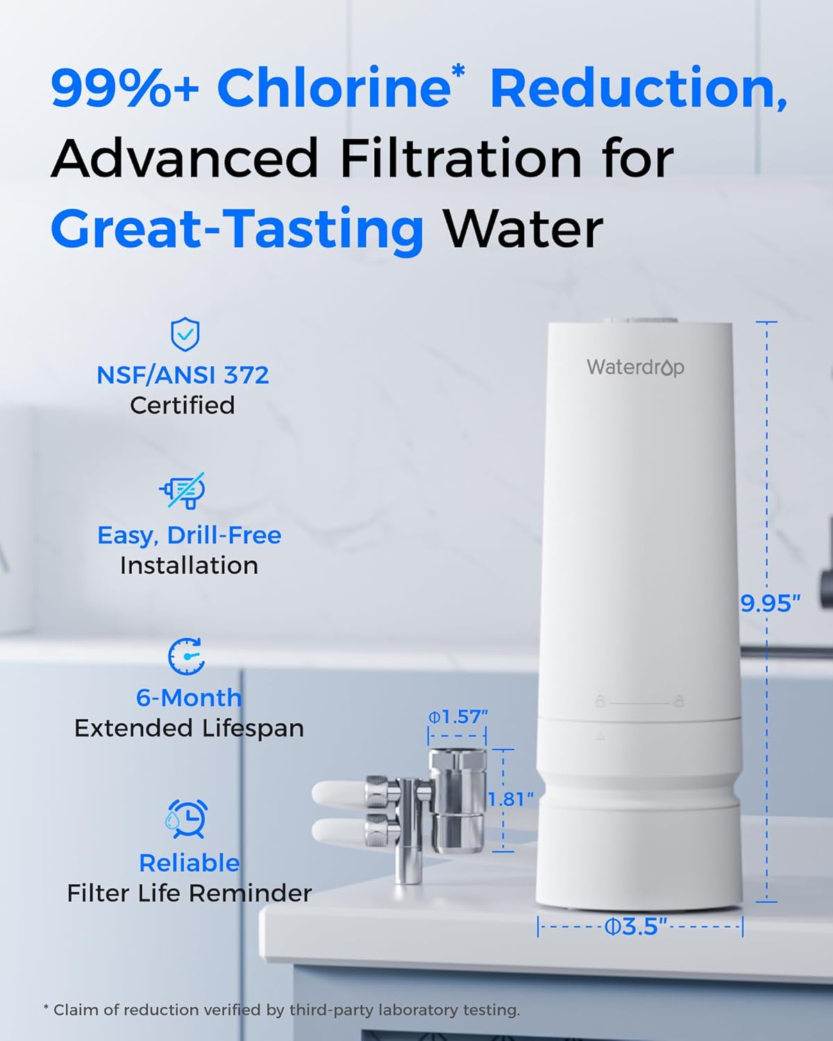 Waterdrop Water Filter for Sink Faucet, 4000 Gallons Countertop Water Filter System and Filter Life Reminder, Reduces Heavy Metals, Bad Odor, and 99% Chlorine, WD-CTF-06 (1 Filter)