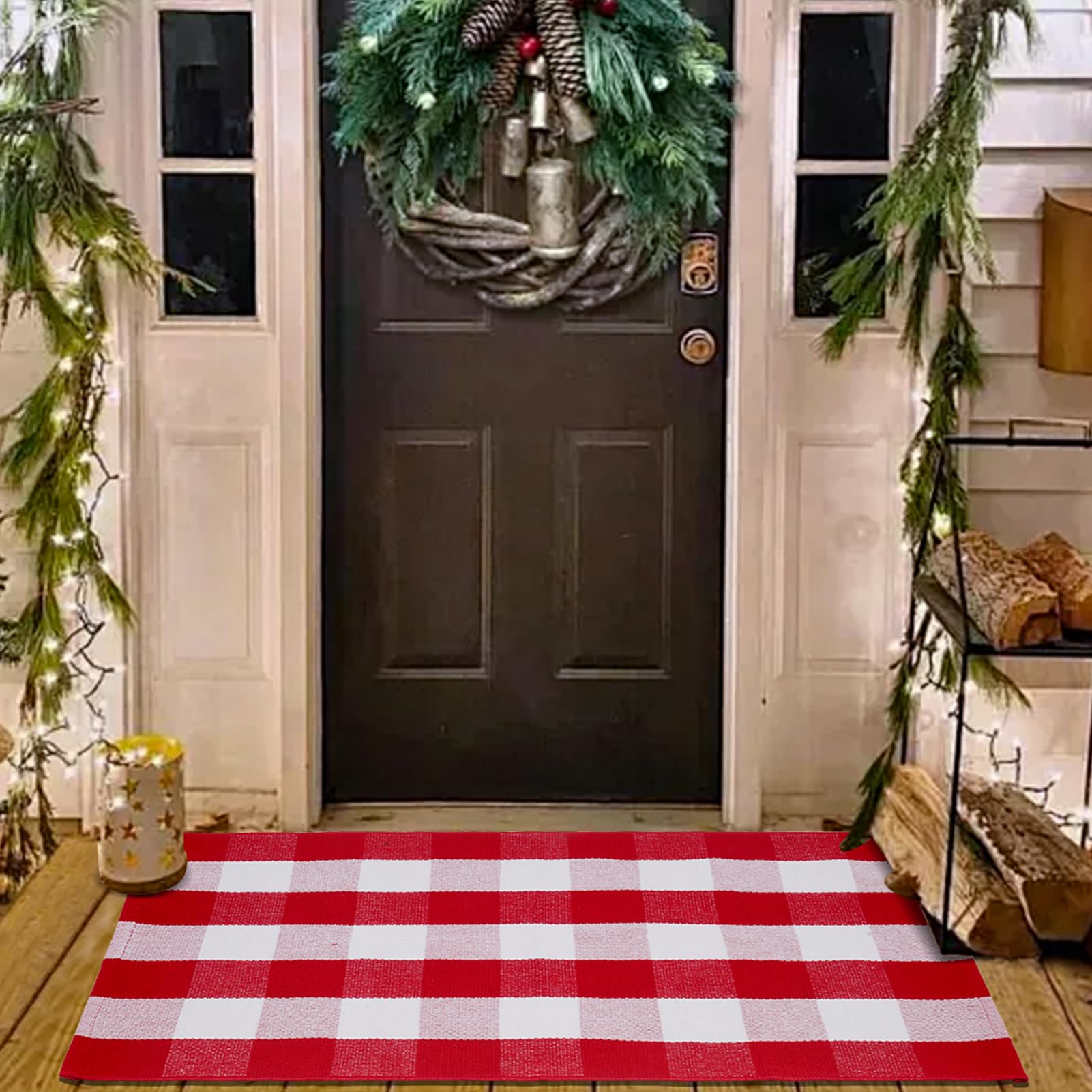 Alfombra de cuadros rojos y blancos de Navidad de 27.5 x 43 pulgadas, tejida a mano para interiores y exteriores, mezcla de algodón, lavable, perfecta para porche, sala de estar, entrada
