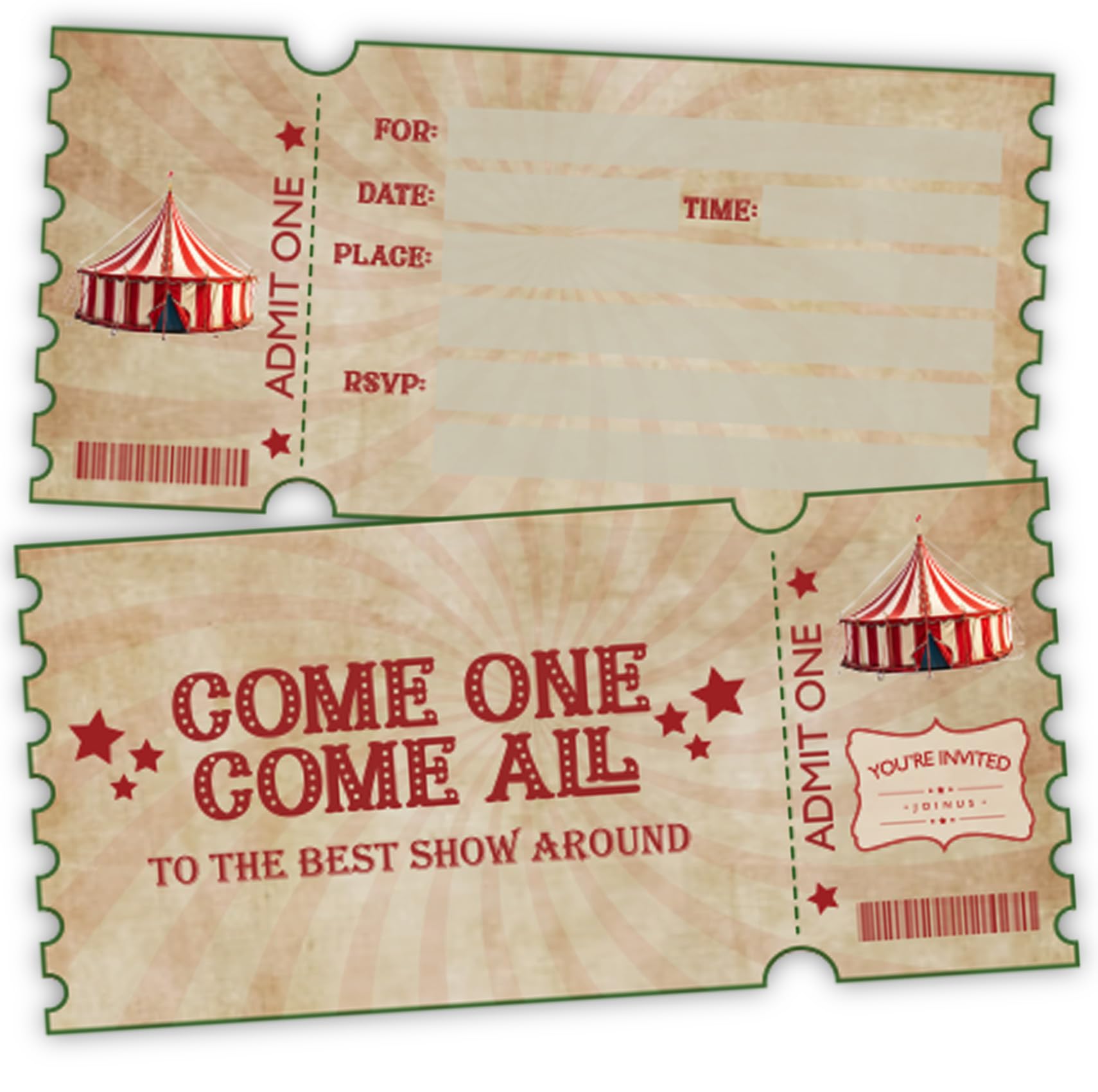 XIAOPNN Carnival Circus Birthday Party Invitation for Girls Boys, Vintage Circus Carnival Ticket Birthday Party Supplies, 30 Cards With 30 Envelopes