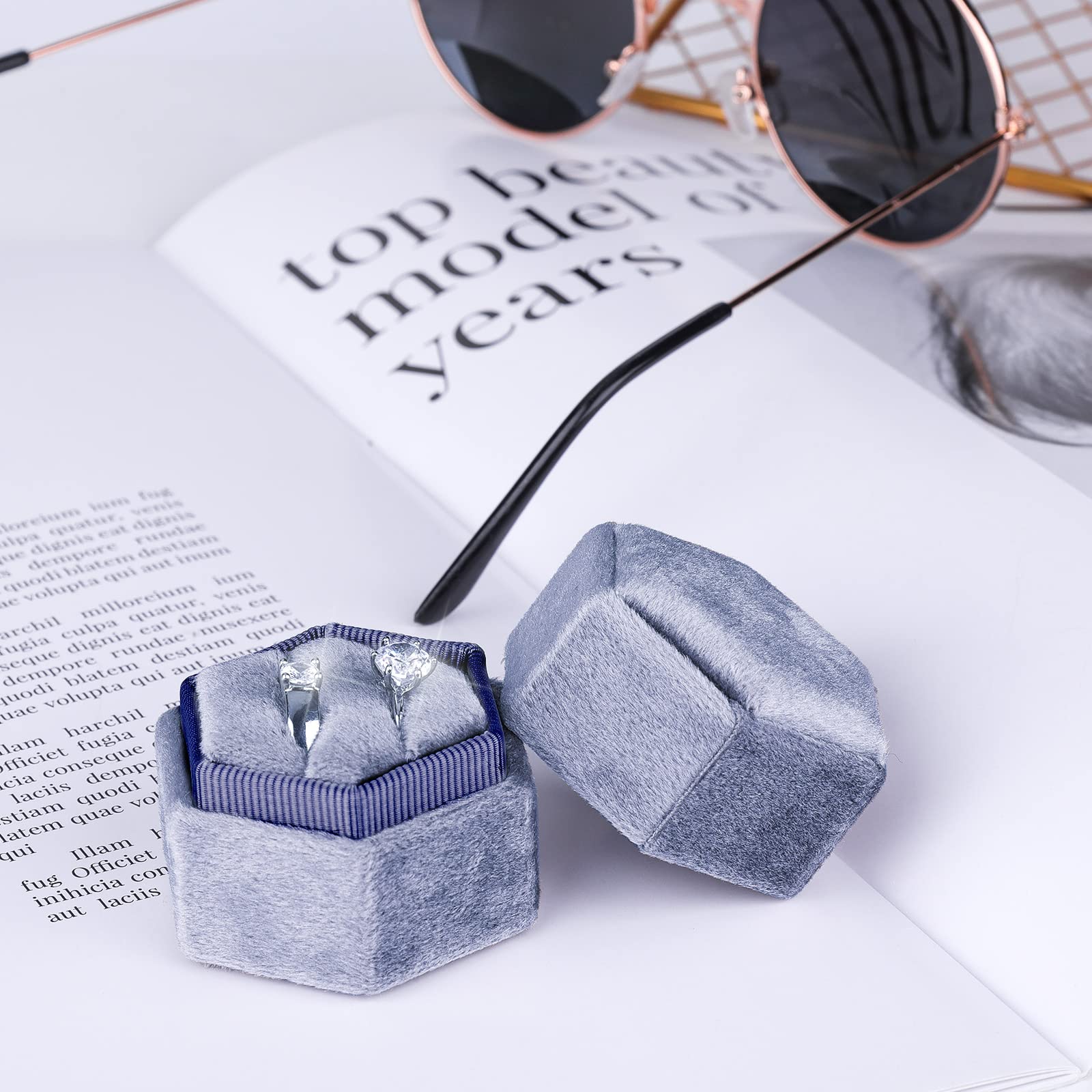 Scatola Per Anelli In Velluto Esagonale - 2 Scomparti, 5,5x5x4,5 Cm, Per Proposte, Matrimoni, Regalo Elegante (nero)