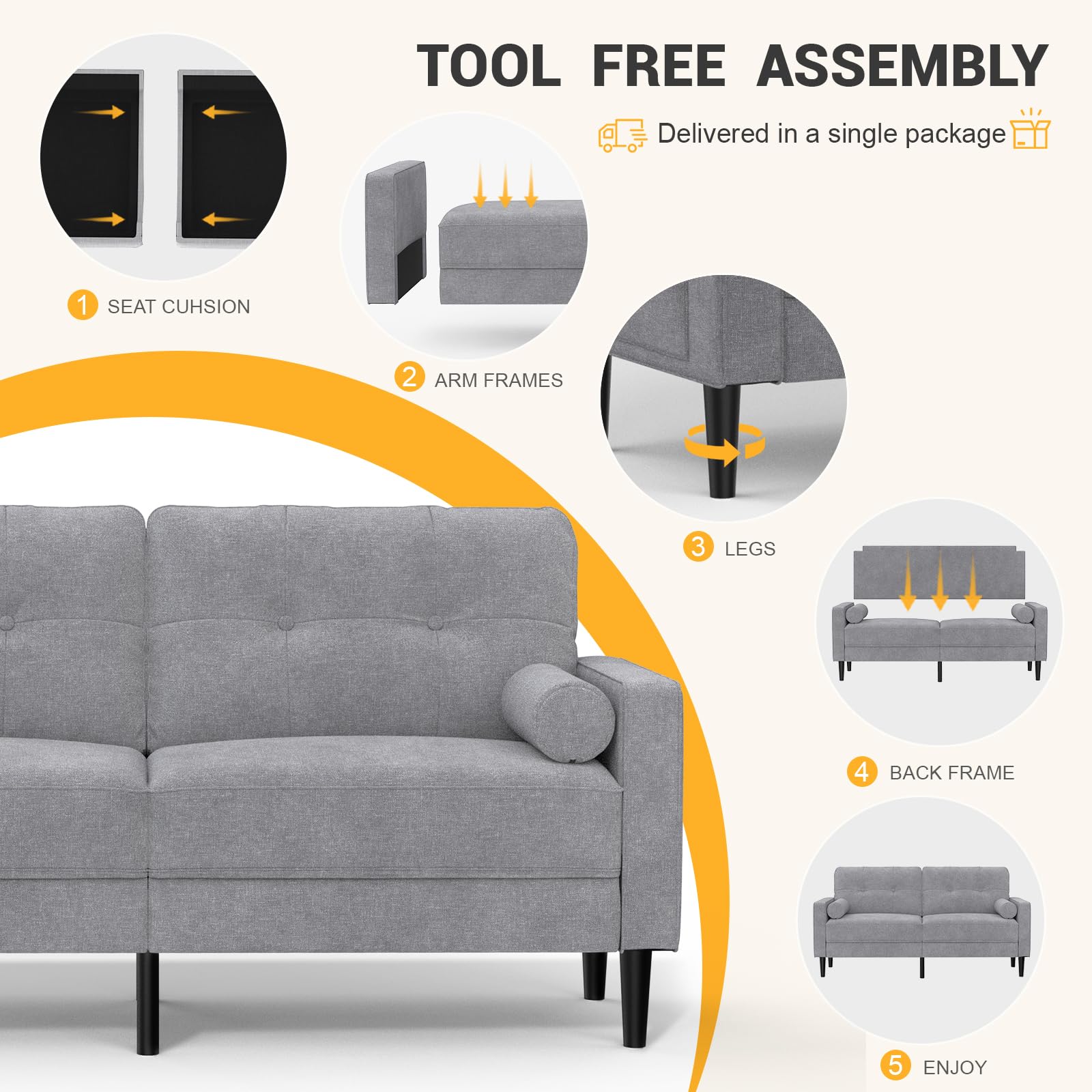 Sofá 2 Plazas, Cojines Gruesos, 2 Bolsillos (Gris Ceniza) | Cómodo Sofá 2 Plazas de Lino con 2 Almohadas, Bolsillos Laterales, Diseño Ergonómico y Fácil Montaje para Salón y Oficina