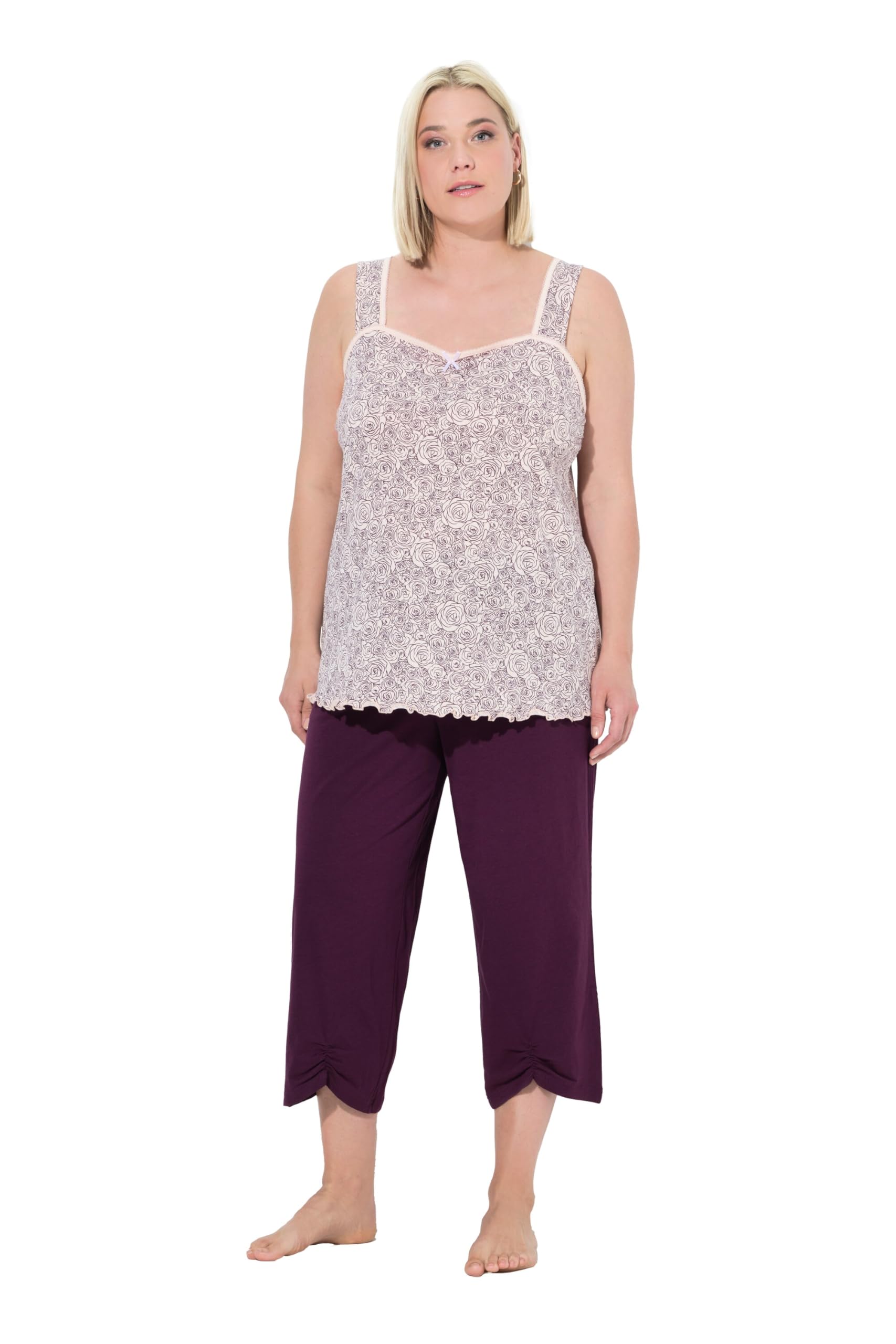 Ulla Popken Damen große Größen Übergrößen Plus Size Pyjama, Rosen, Raffung, 3/4-Hose, Taschen, ärmellos 839304