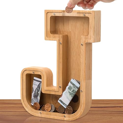 Alcancía de madera con letras para niños, niñas, adultos, 10 pulgadas, grande, 26 letras, irrompible, caja de dinero, caja de dinero personalizada