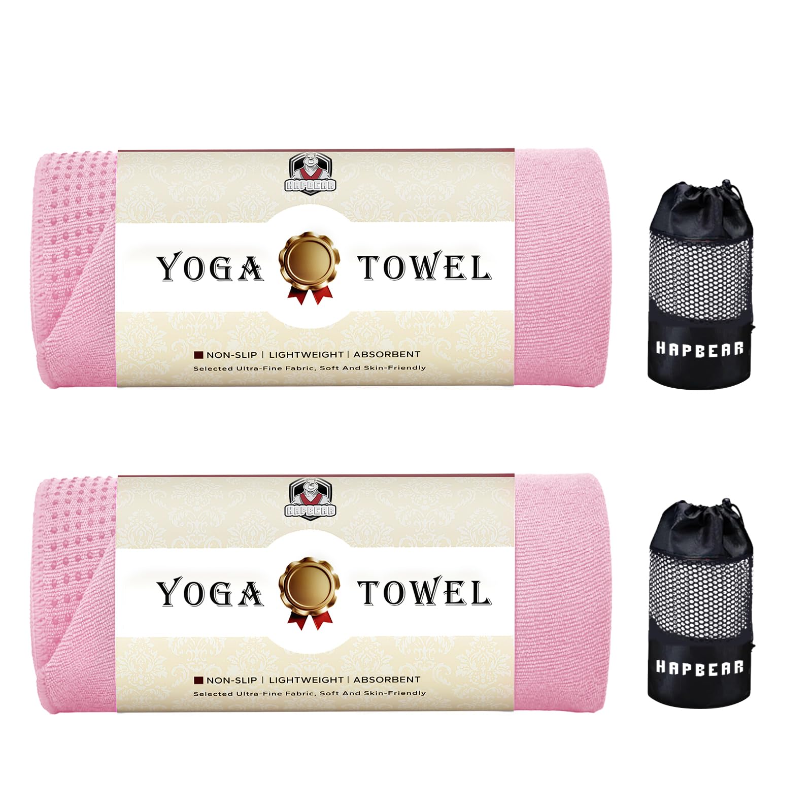 HAPBEAR 2 Pack Hot Yoga Towel with Non-Slip Grip Dots, Super-Absorbent Microfiber Yoga Mat Towel for Sweaty Bikram, Pilates and Studio Workouts - Pink
