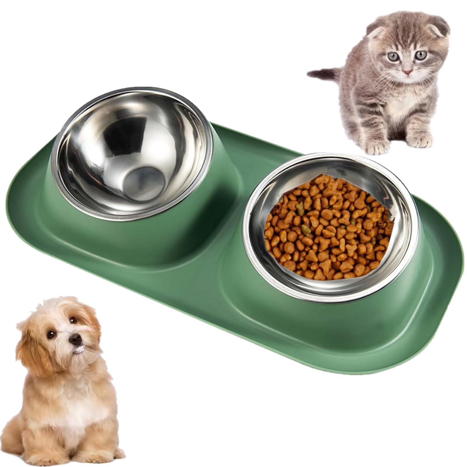 LIKENNY ペット猫 犬 食器フードボウル 食器台 ステンレス 給食器 取り外し式 猫 えさ 皿 犬 食器 滑り止め ゴムパッド付き 食べやすい ペット用品 (グリーン)