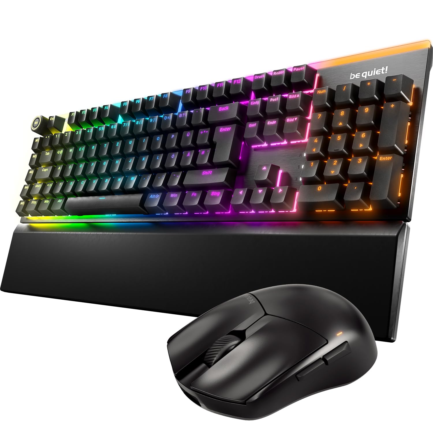 be quiet! Light Mount Mechanische Tastatur und Dark Perk Sym Wireless Gaming Maus-Bundle, Leise Lineare Switches, ARGB-Beleuchtung, Leichte 55g, 32.000 DPI-Sensor, Bis zu 110 Stunden Akkulaufzeit