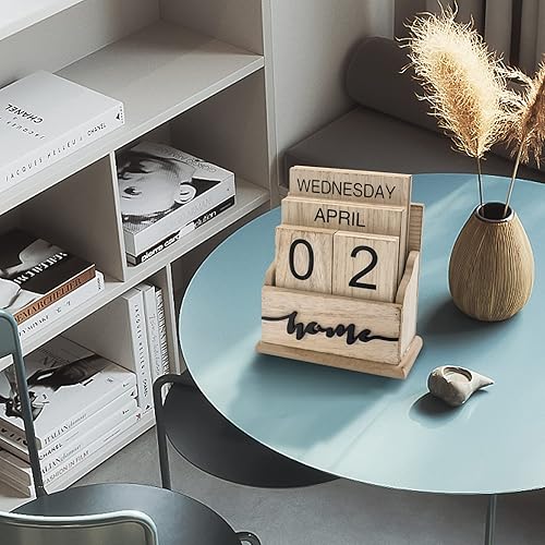 Miniatura 2 de Notakia Calendario perpetuo, bloques de calendario de madera, calendario de bloque de madera vintage para oficina en casa, accesorios de escritorio,