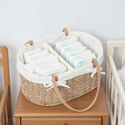 Miniatura 2 de Organizador de pañales de mimbre tejido a mano, bolsa de pañales multifuncional para guardería y almacenamiento en el hogar, forro desmontable, asas