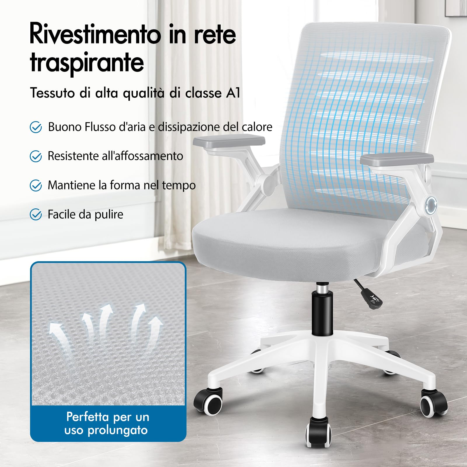 ALFORDSON Sedia Ufficio Ergonomica con Braccioli Pieghevoli Bianca e grigia | Poltrona Scrivania Girevoli in Rete Serie WALE, Funzione di Inclinazione, Portata 150 kg, Altezza regolabile