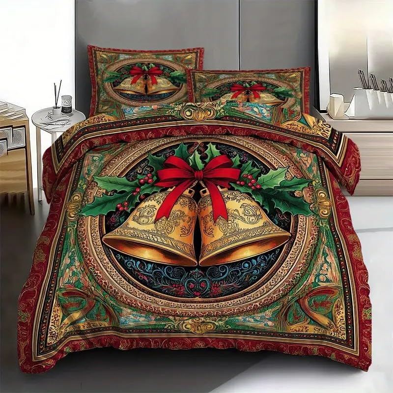 クリスマス掛け布団カバーベル布団カバーマイクロファイバー防ダニ速乾掛被套静電気防止4点セット軽量洗える羽绒被套ファスナー開閉リバーシ