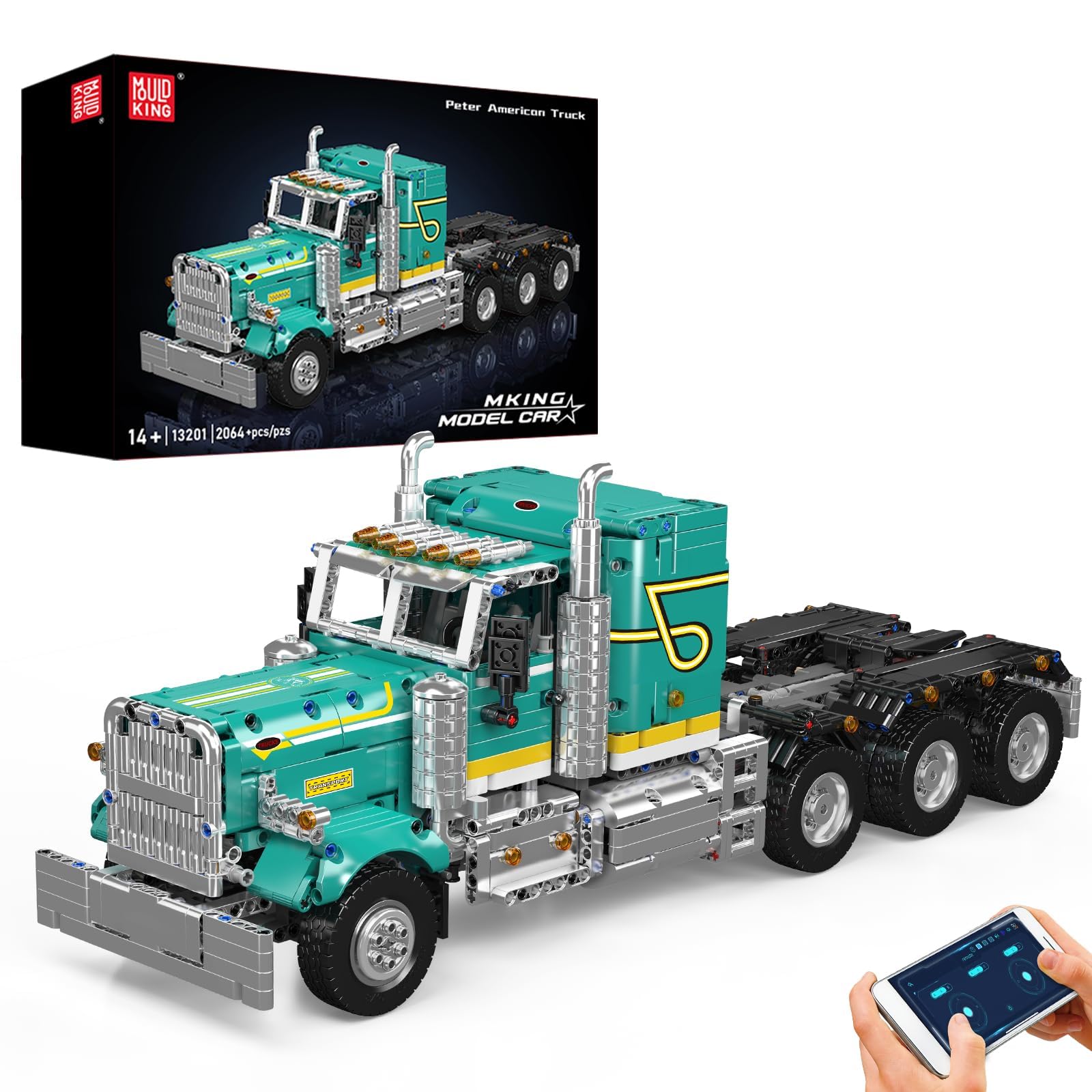 Mould King 13201 - Kit di costruzione per semirimorchio telecomandato, 2064 pezzi, kit di ingegneria a base piatta resistente con controllo tramite app, progetto MOC meccanico professionale per adulti