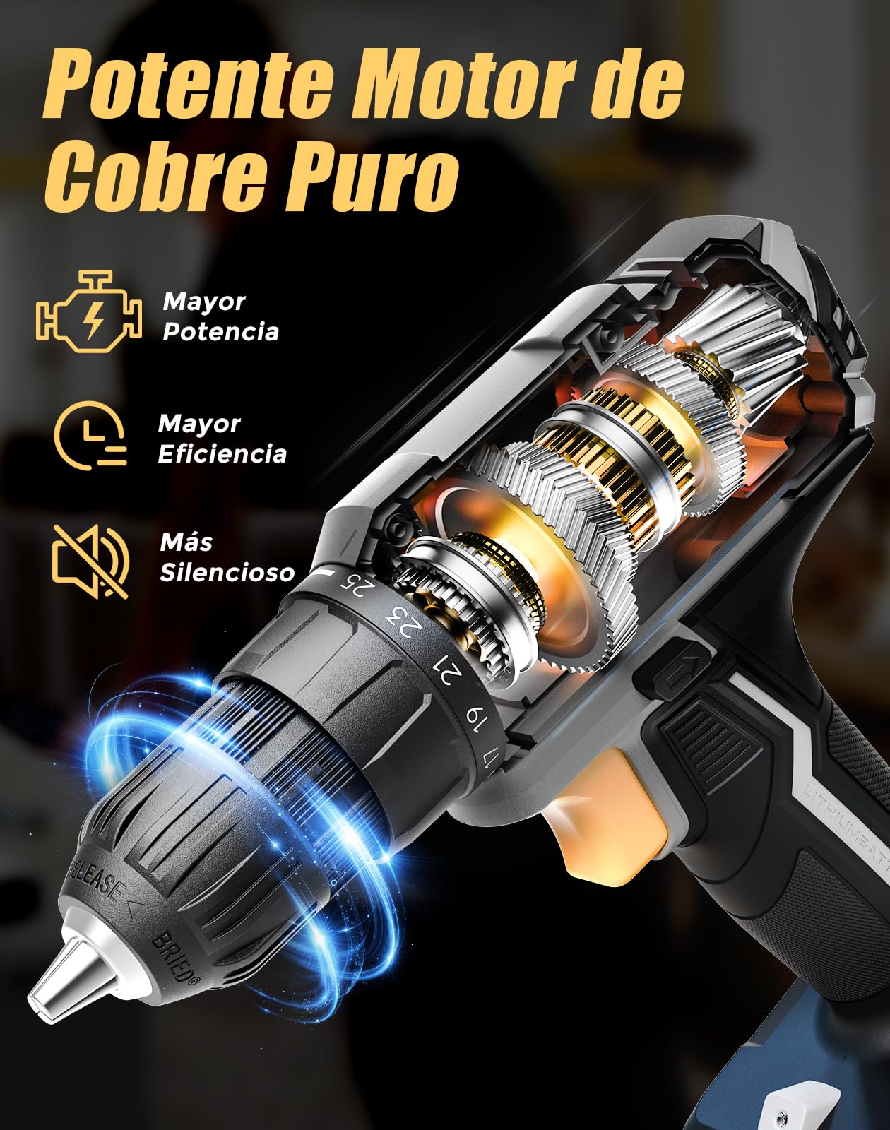 Taladro Atornillador Inalámbrico 20V, Taladro Atornillador Bateria 42Nm con 25+1 Ajustes de Torque, Luz LED, Kit 56 Piezas, Destornillador Eléctrico para Bricolaje en Casa y Jardín, Gris
